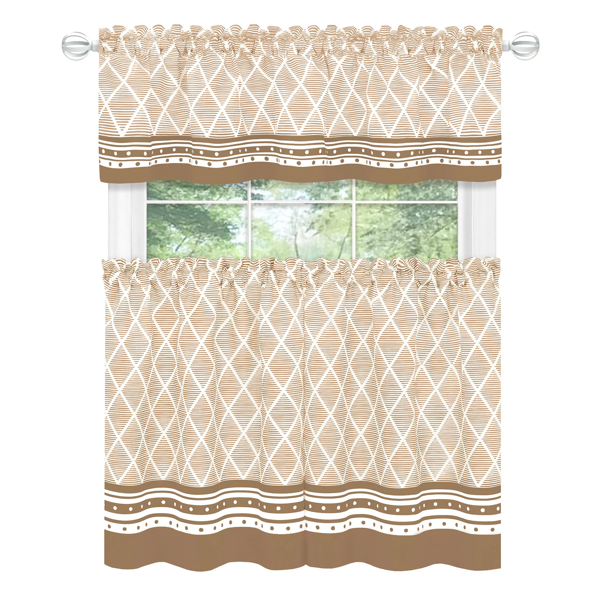 Achim Boho Printed Kitchen Curtain Set, Mocha, Valance 58x13, Tiers 58x36 Inches - Image 2