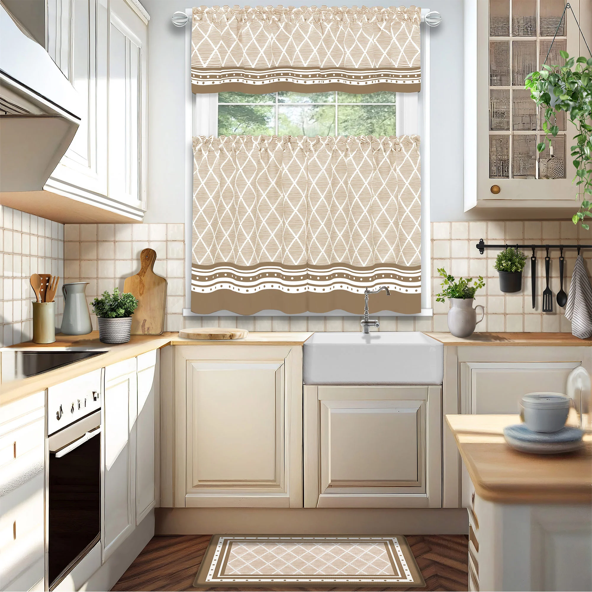 Achim Boho Printed Kitchen Curtain Set, Mocha, Valance 58x13, Tiers 58x36 Inches - Image 3