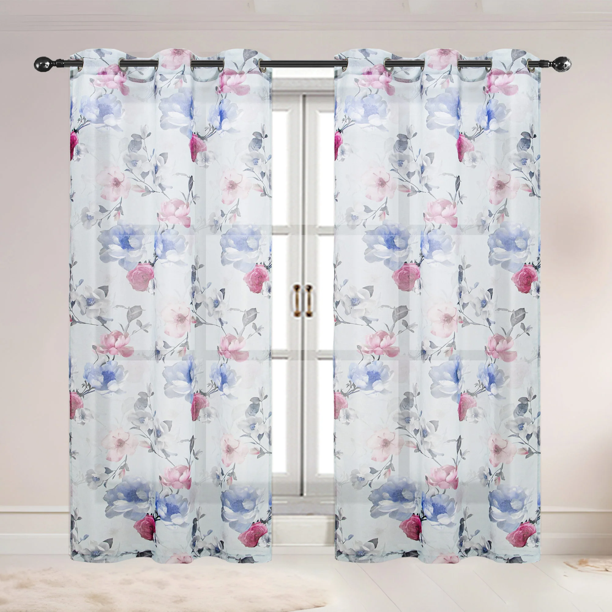 Alaina 2 Pack Floral Sheer Voile Grommet Window Curtain Panel, 37x84 Inches - Image 2
