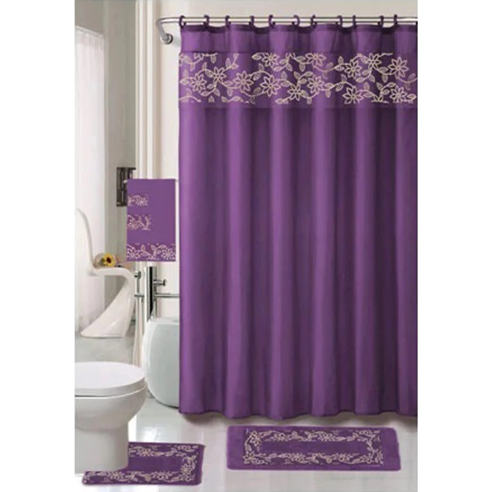 All For You 18 Piece Embroidered Non-Slip Bath Rug, Shower Curtain and Towel Set - Image 3