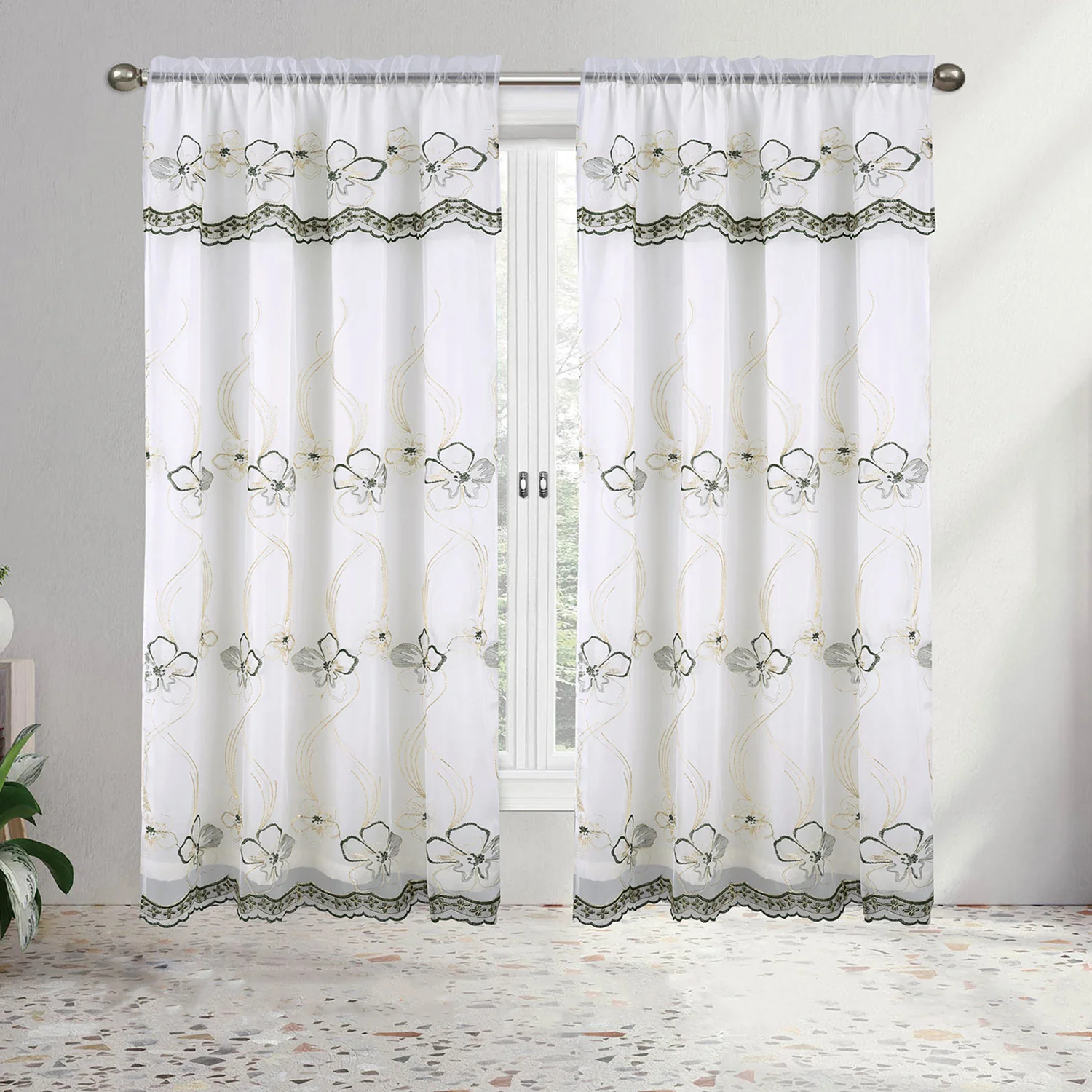 Amira Floral Embroidery Window Panel with Valance and Backing, 55x84 Inches - Image 3