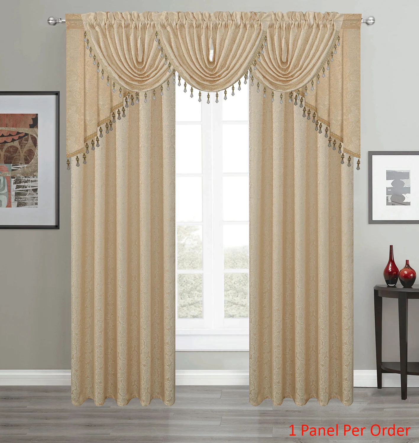 Angelina Jacquard Rose Design Rod Pocket Window Panel, Valance and Swag Treatments, Beige - Image 3