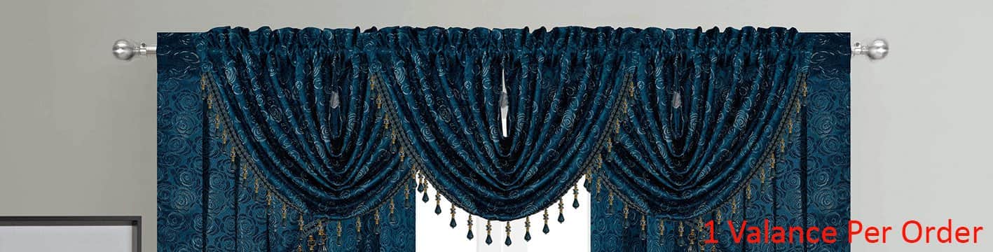 Angelina Jacquard Rose Design Rod Pocket Window Panel, Valance and Swag Treatments, Blue - Image 2