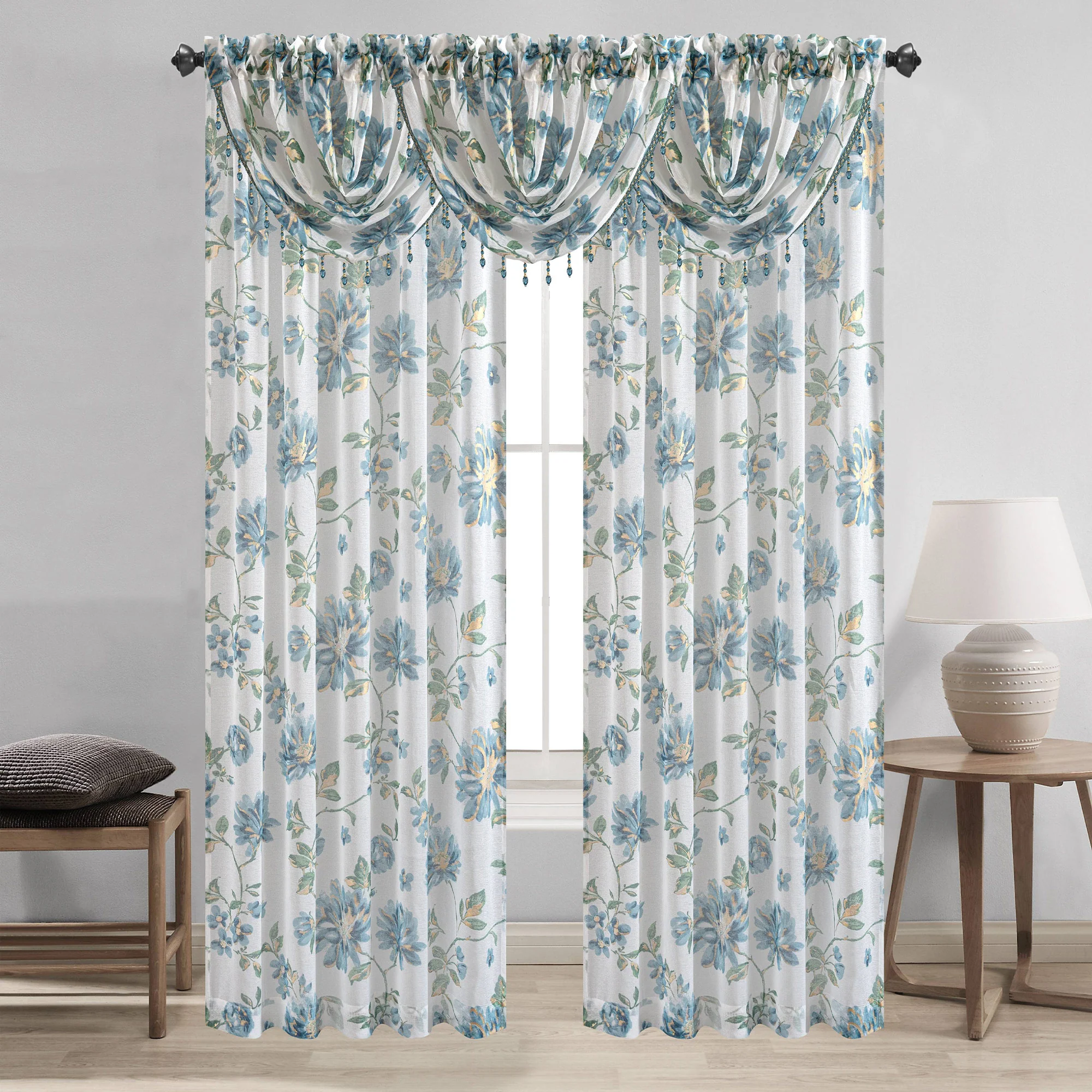 Anna Sheer Metallic Floral Rod Pocket Window Panel & Waterfall Valance, All Sold Separately - Image 32