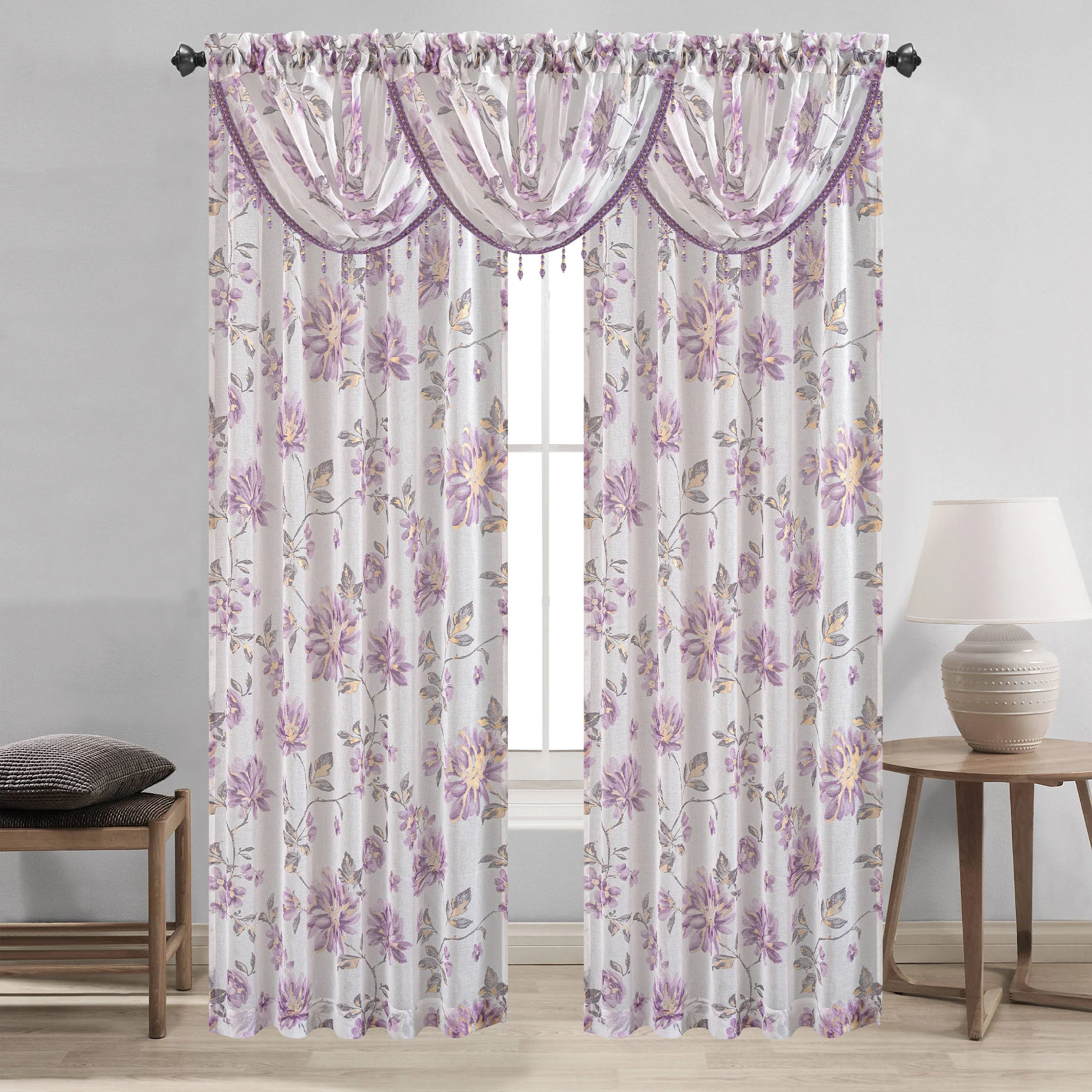 Anna Sheer Metallic Floral Rod Pocket Window Panel & Waterfall Valance, All Sold Separately - Image 5
