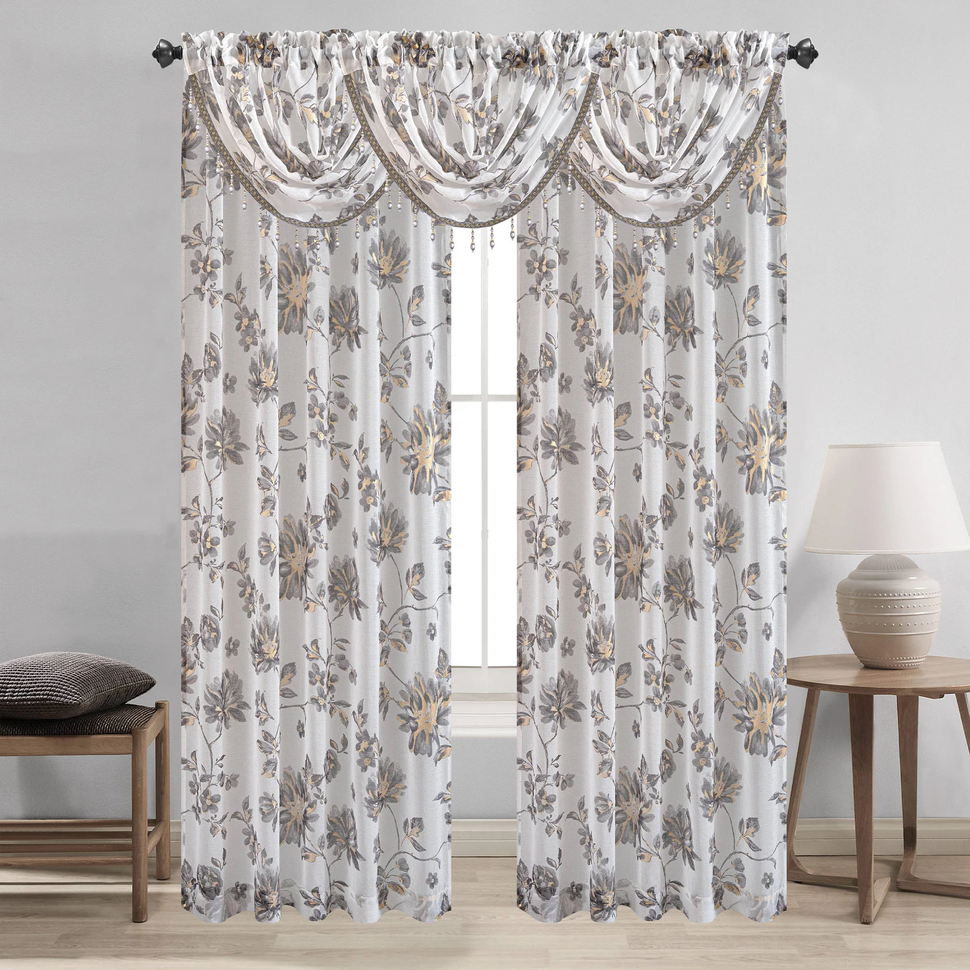 Anna Sheer Metallic Floral Rod Pocket Window Panel & Waterfall Valance, All Sold Separately - Image 8