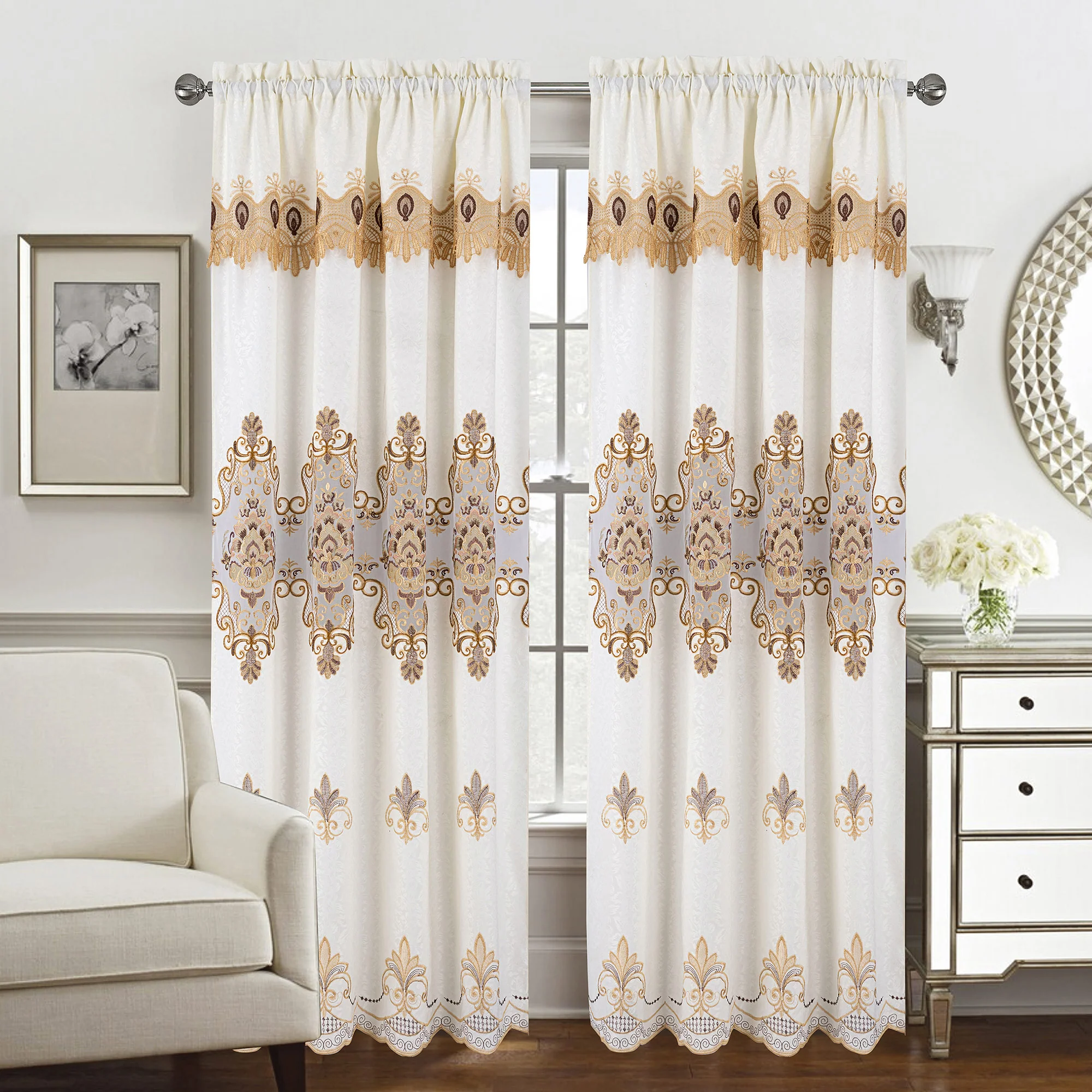 Arabella Macrame Jacquard Window Panel with Attached Valance, 55x84 Inches - Image 3