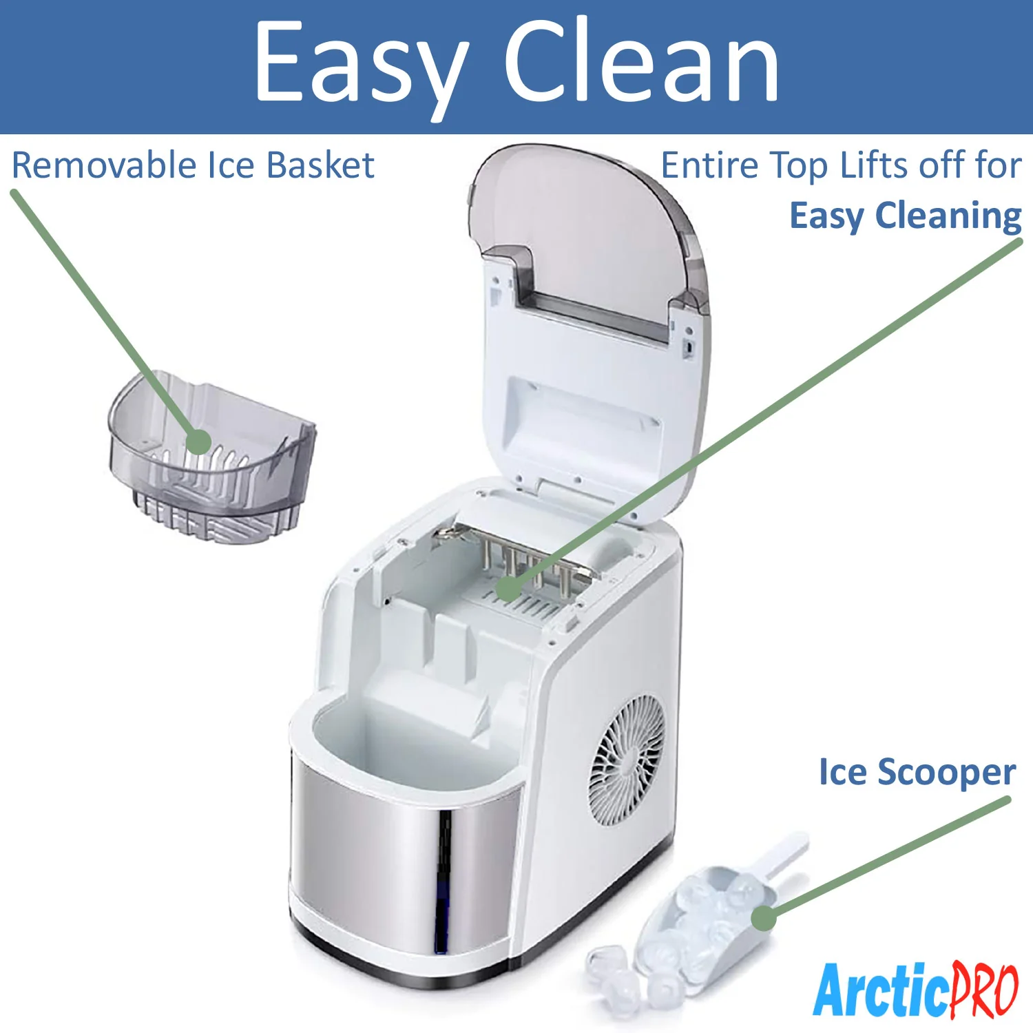 Arctic-Pro Easy Clean Flip-Top Lid Portable Ice Maker, White-Stainless Steel - Image 4
