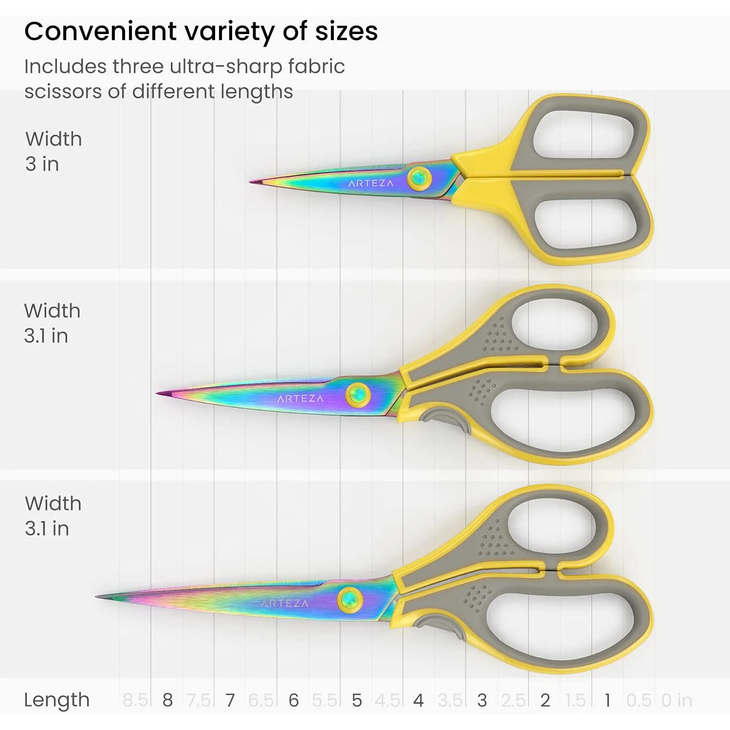 ARTEZA Titanium-Coated Stainless Steel Fabric Scissors, Set of 3 – 7, 8.25, and 9 Inches - Image 3