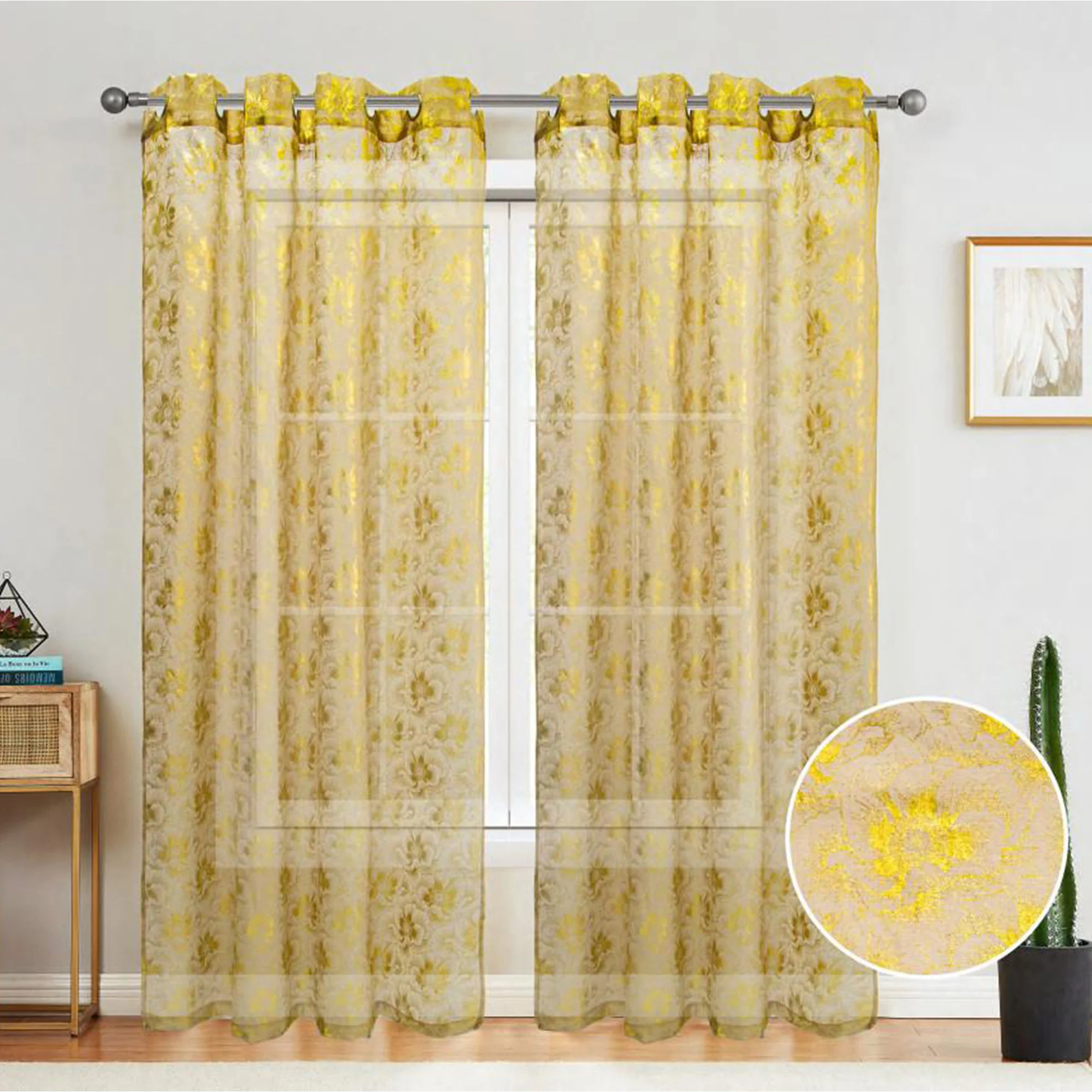 Atlanta Metallic Foil Floral Sheer Grommet Window Curtain Panel, 54x84 Inches - Image 2