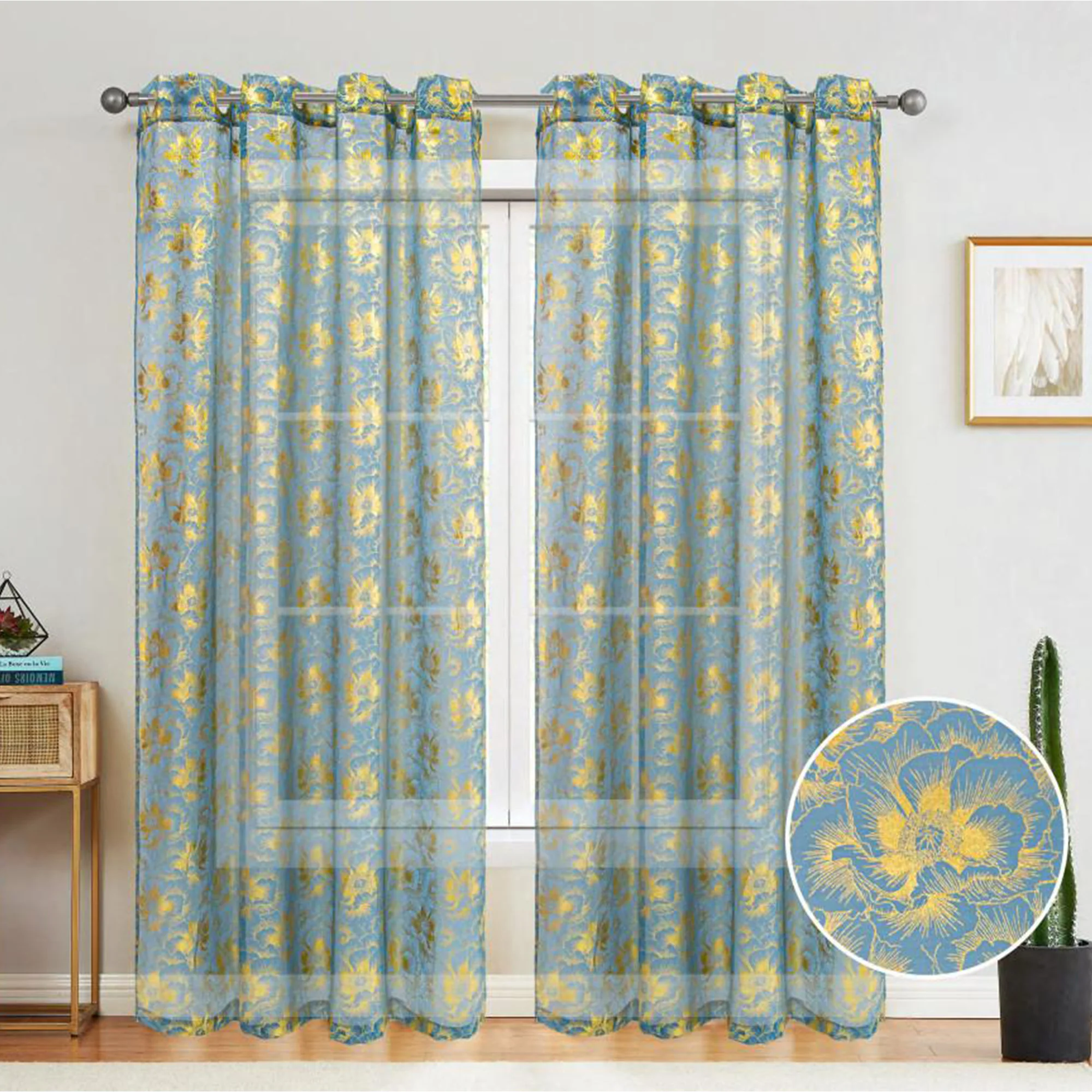 Atlanta Metallic Foil Floral Sheer Grommet Window Curtain Panel, 54x84 Inches - Image 3