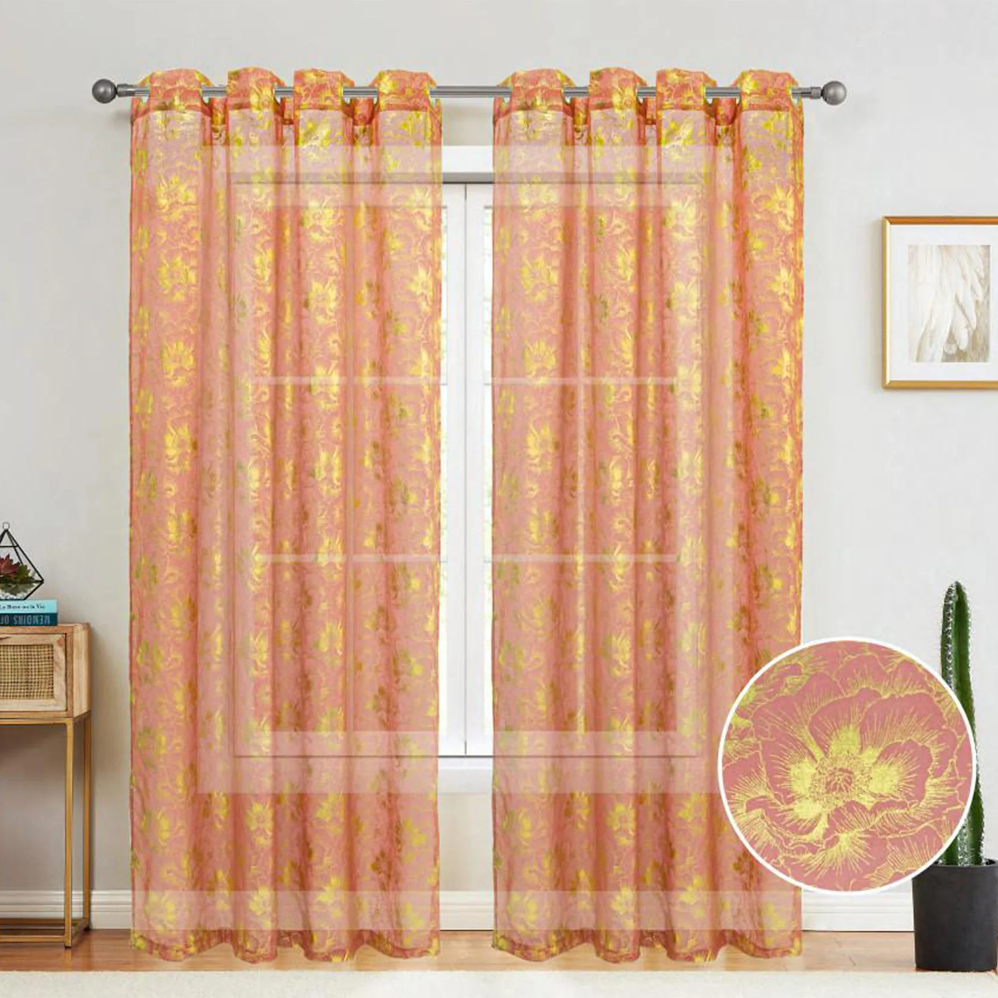 Atlanta Metallic Foil Floral Sheer Grommet Window Curtain Panel, 54x84 Inches - Image 4