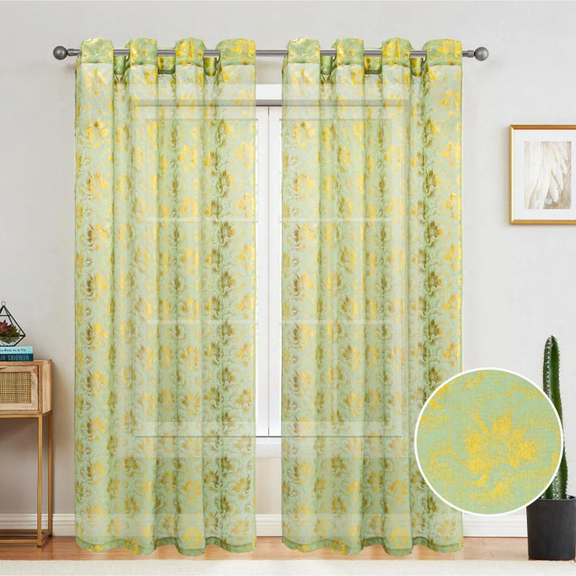 Atlanta Metallic Foil Floral Sheer Grommet Window Curtain Panel, 54x84 Inches - Image 5