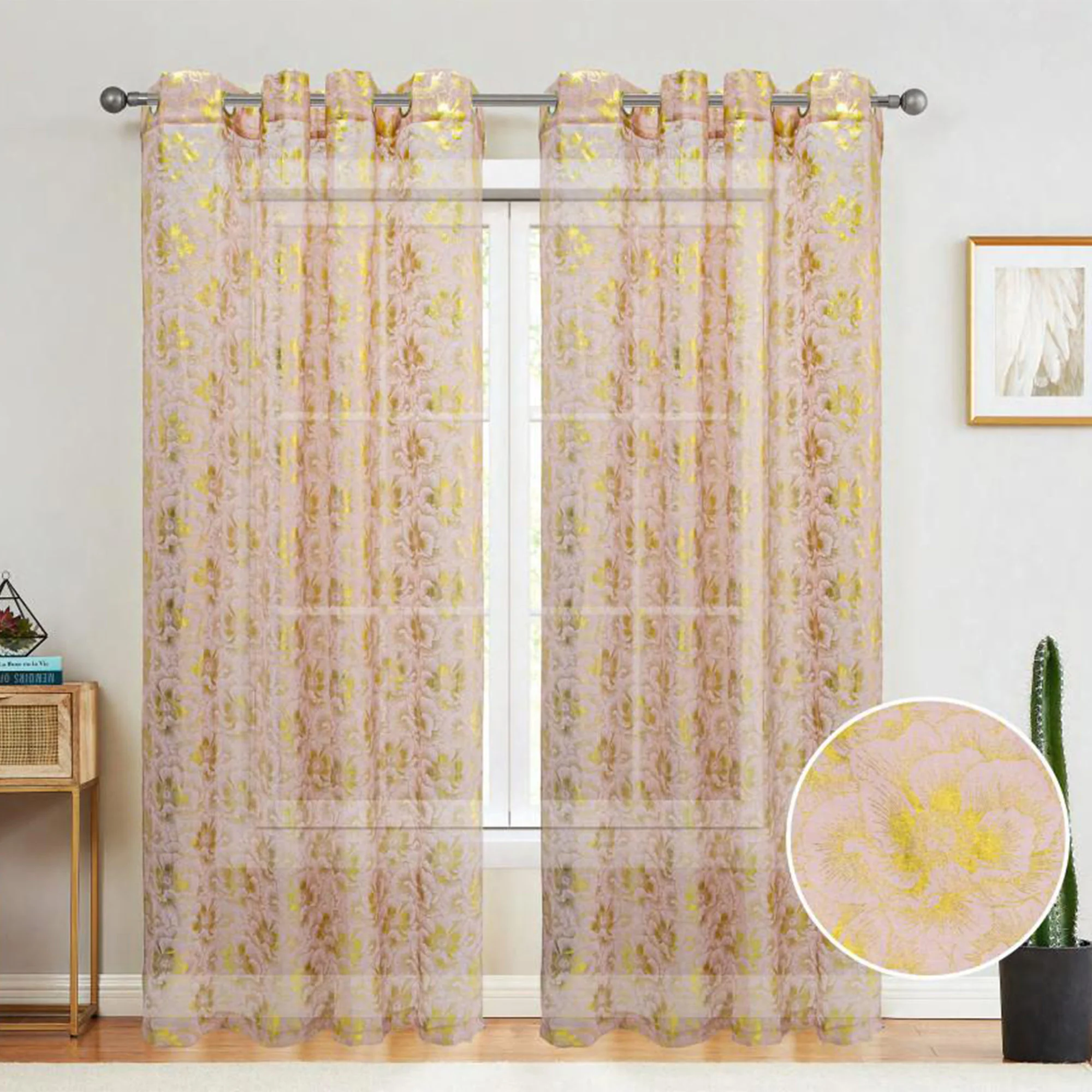 Atlanta Metallic Foil Floral Sheer Grommet Window Curtain Panel, 54x84 Inches - Image 6