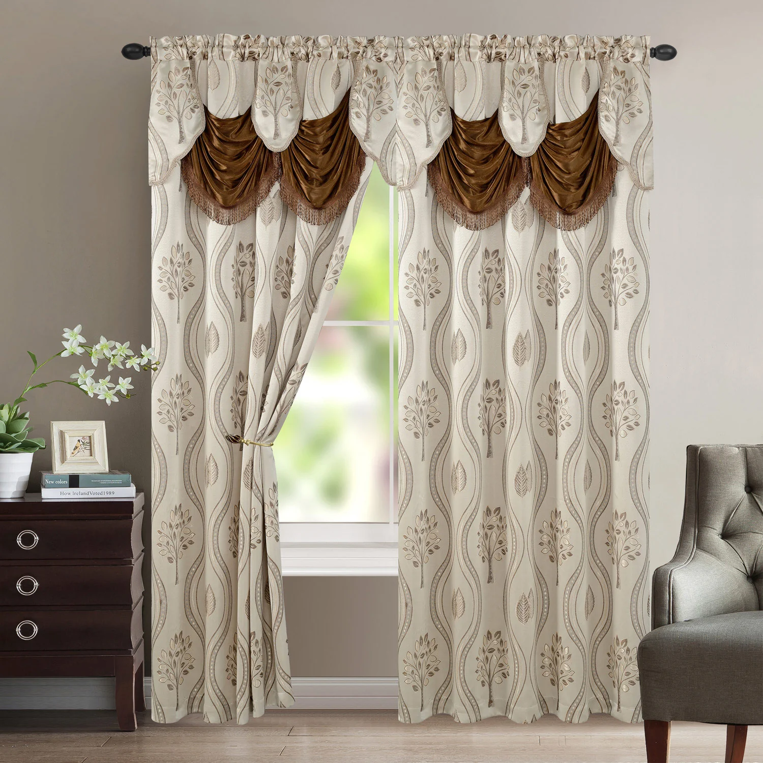 Aurora Tree Leaf Jacquard Window Panel with Attached Valance, Beige, 54x84 Inches