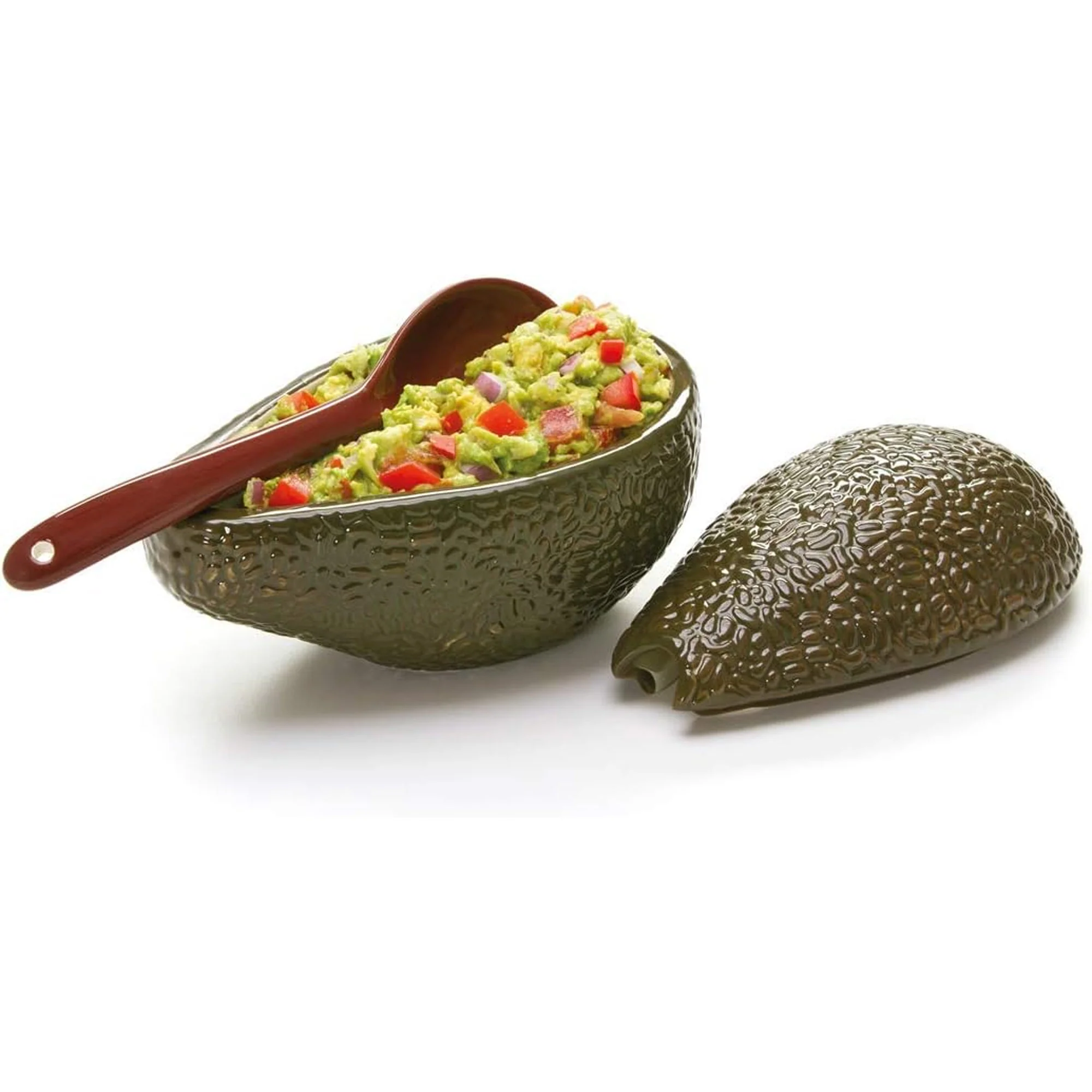 Avocado Shaped Festive Guacamole Serving Bowl with Spoon, Dark Brown, 8x4.5 Inches