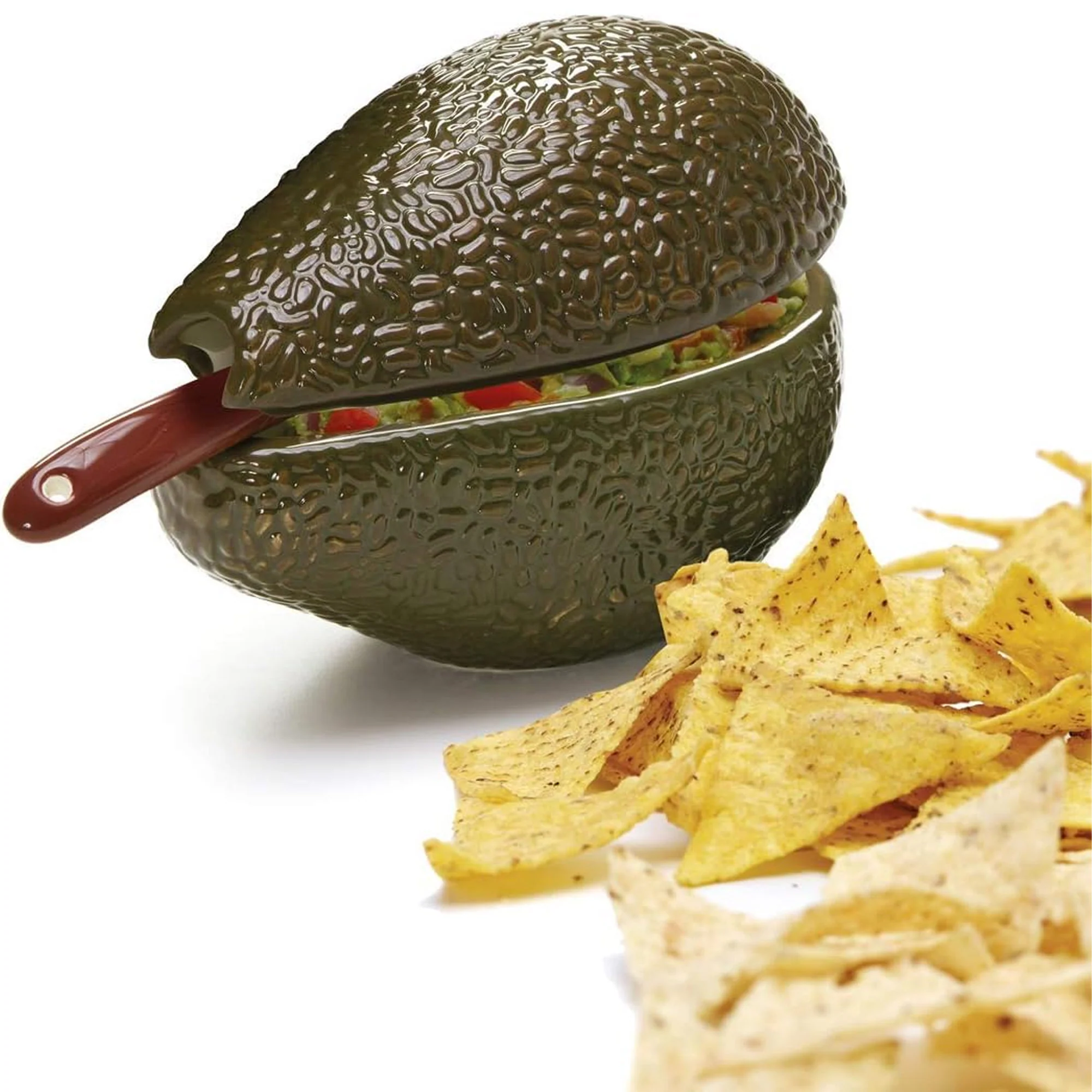 Avocado Shaped Festive Guacamole Serving Bowl with Spoon, Dark Brown, 8x4.5 Inches - Image 2