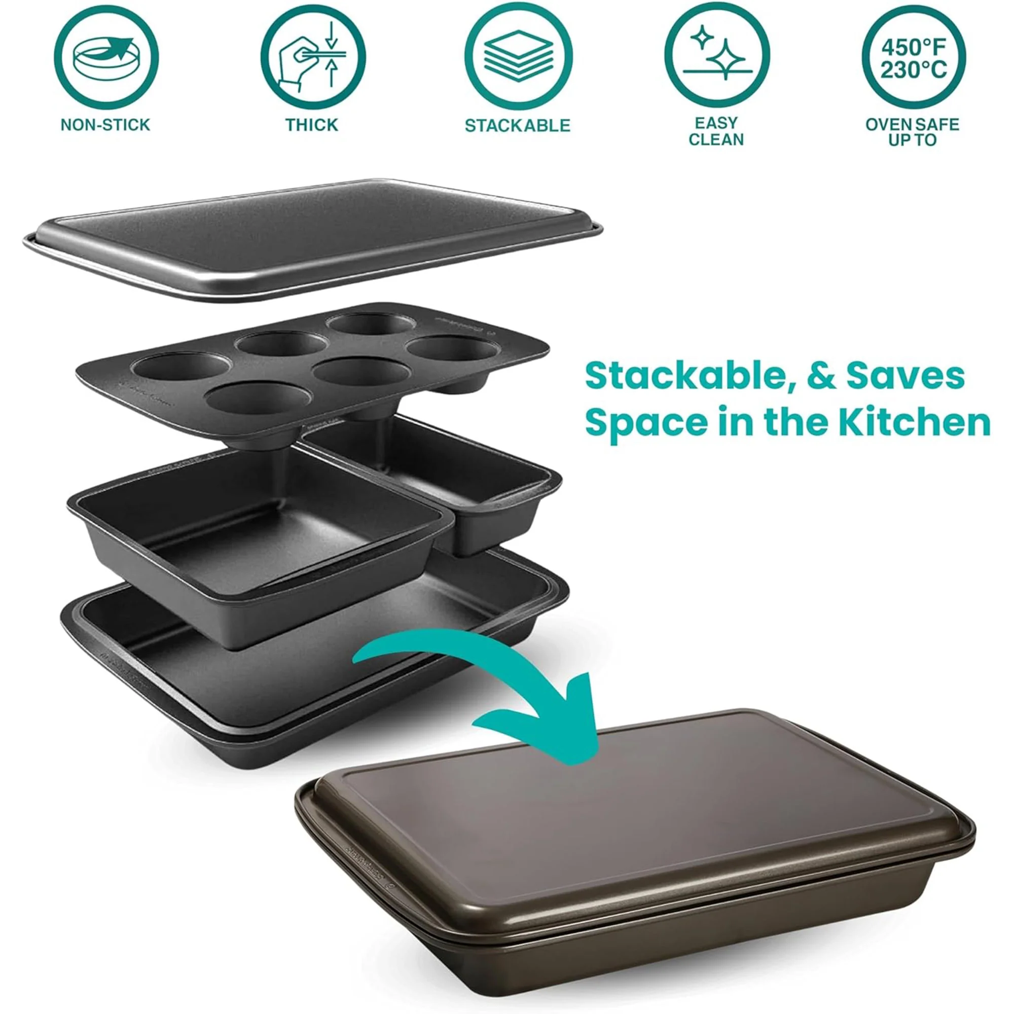 Baker’s Secret 5 Piece Essentials Non-Stick Steel Baking Set, Dark Gray - Image 2