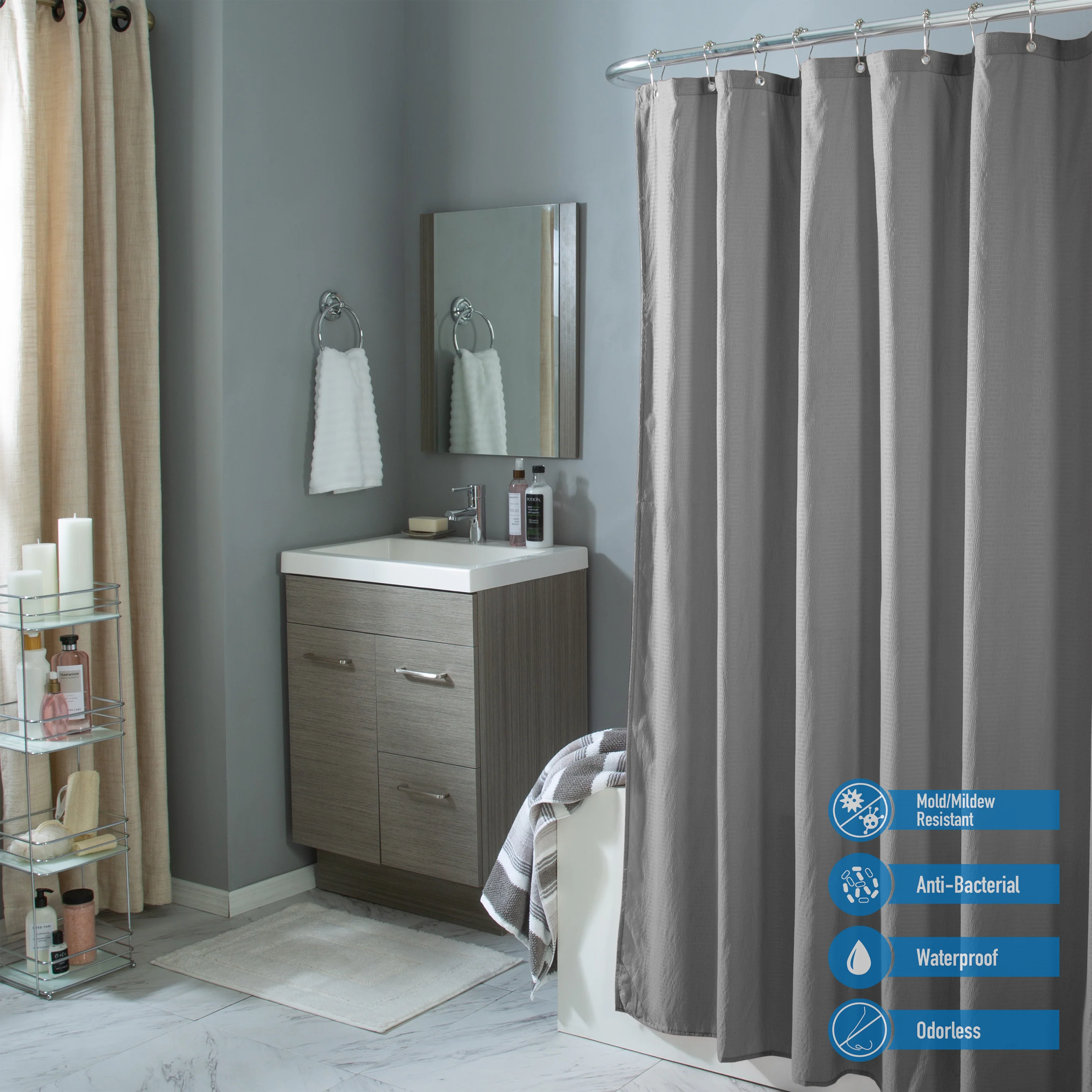 Bath Bliss Microfiber Soft Touch Dash Design Shower Curtain Liner in Heather Grey - Image 3