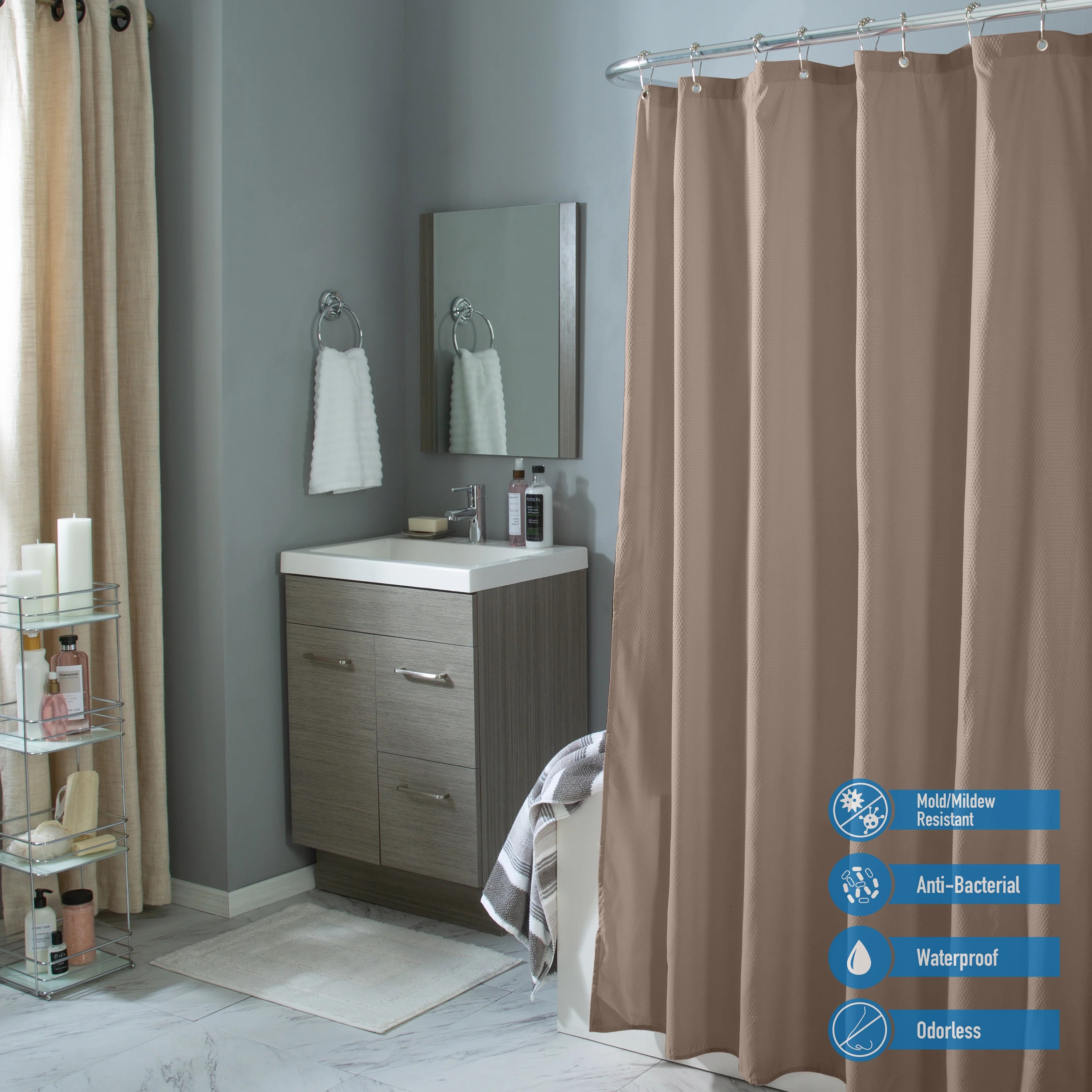 Bath Bliss Microfiber Soft Touch Diamond Design Shower Curtain Liner in Taupe - Image 3