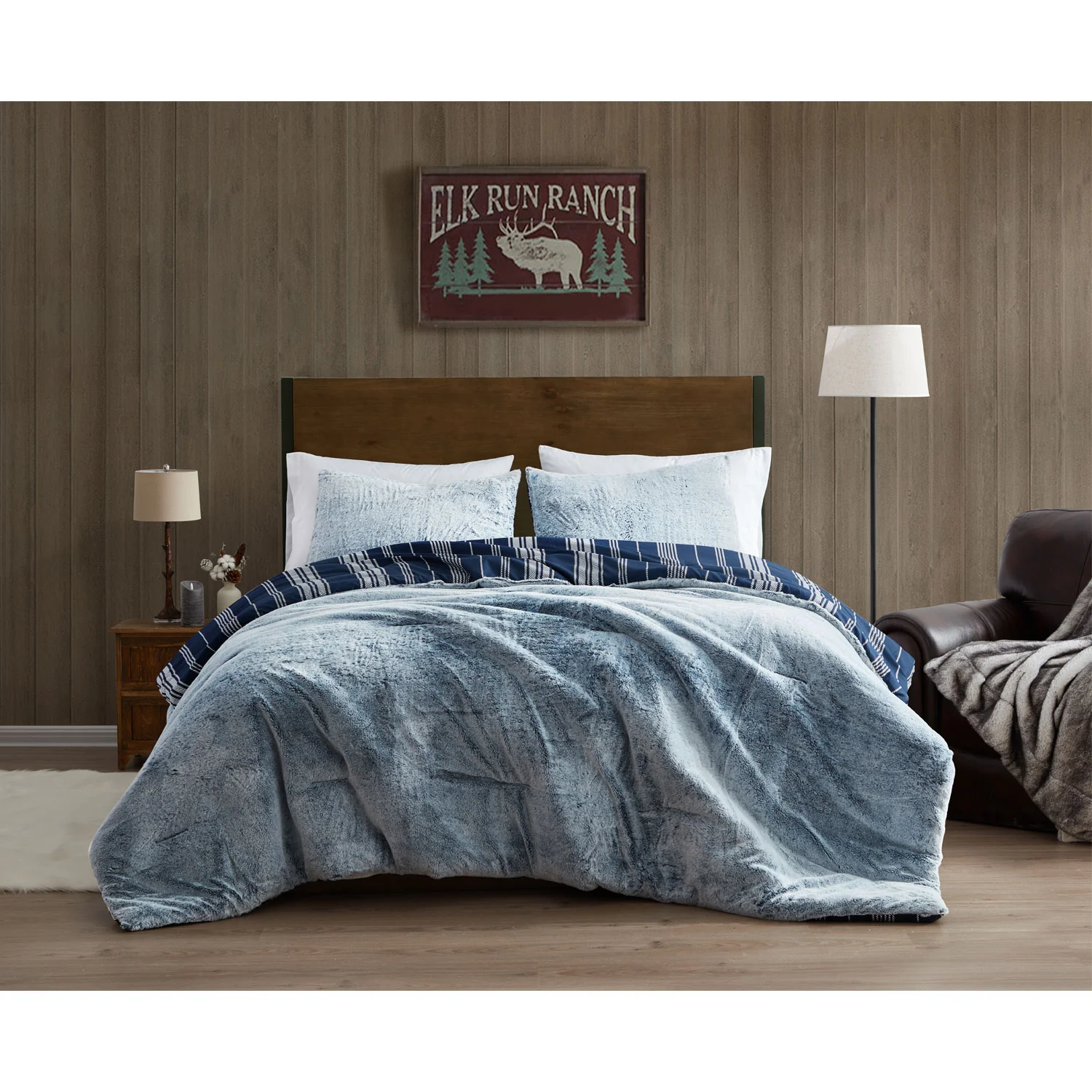 Bearpaw Faux Rabbit Fur Reversible Faux Fur and Stripe Comforter Set, 3 Pieces - Image 4