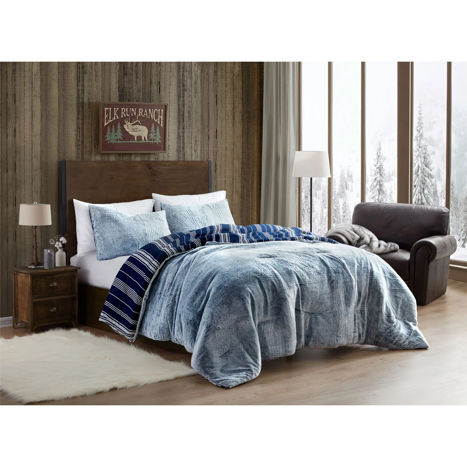 Bearpaw Faux Rabbit Fur Reversible Faux Fur and Stripe Comforter Set, 3 Pieces - Image 5