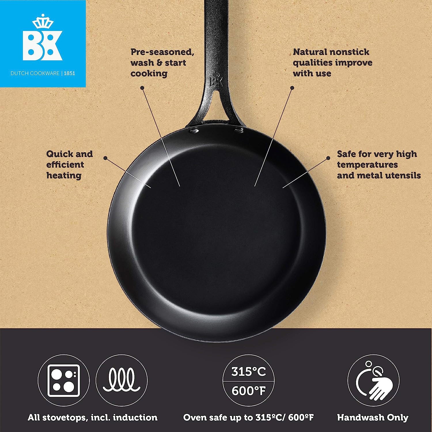 BK Pre-Seasoned Black Steel Carbon Steel Induction Compatible, 12 Inch Frying Pan Skillet, Black - Image 2