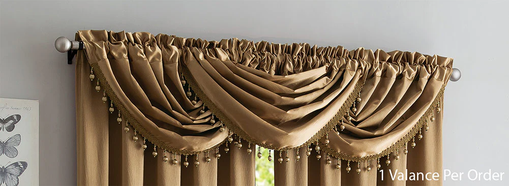 Bridget Crushed Satin Rod Pocket Panel and Waterfall Valance Window Treatments, Gold