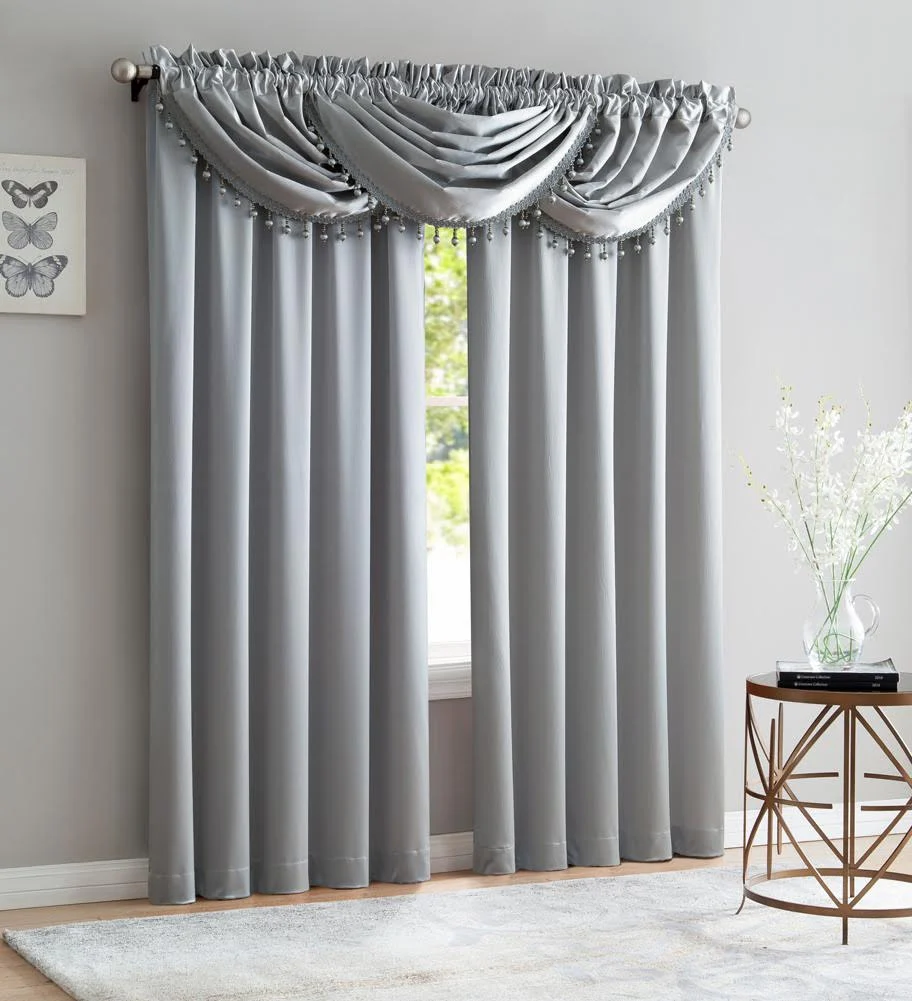 Bridget Crushed Satin Rod Pocket Panel and Waterfall Valance Window Treatments, Silver