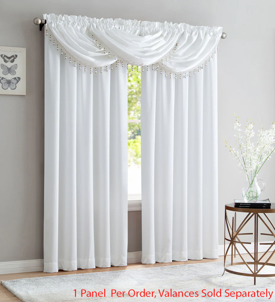 Bridget Crushed Satin Rod Pocket Panel and Waterfall Valance Window Treatments, White - Image 2