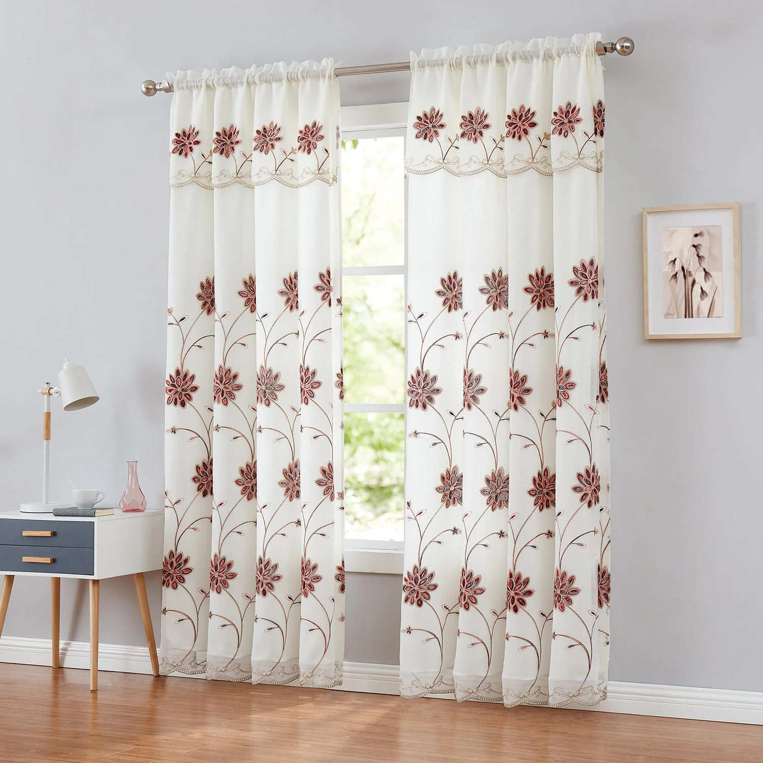 Brynn Embroidered Rod Pocket Panel With Attached Valance and Backing, 54x90 Inches - Image 3