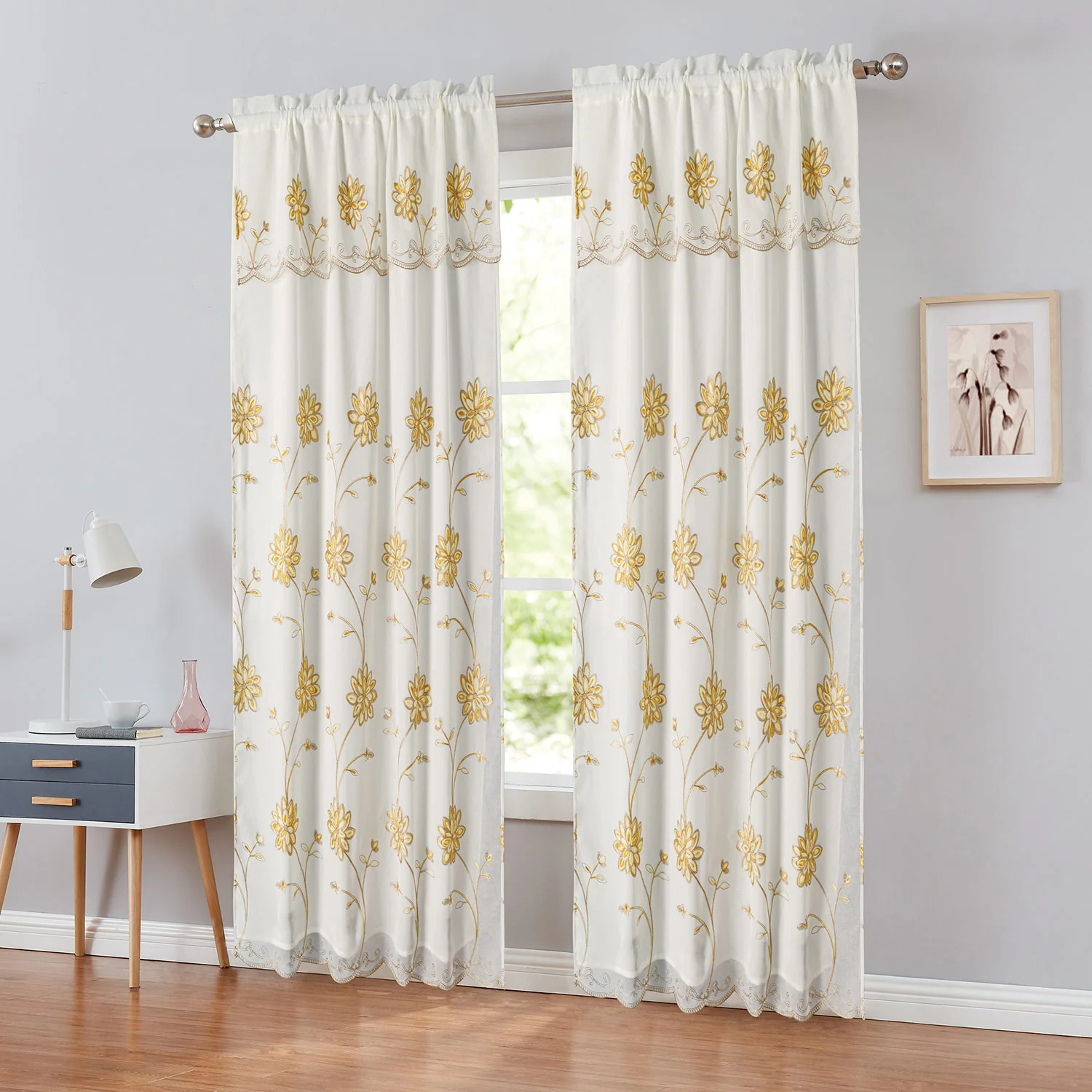 Brynn Embroidered Rod Pocket Panel With Attached Valance and Backing, 54x90 Inches - Image 4