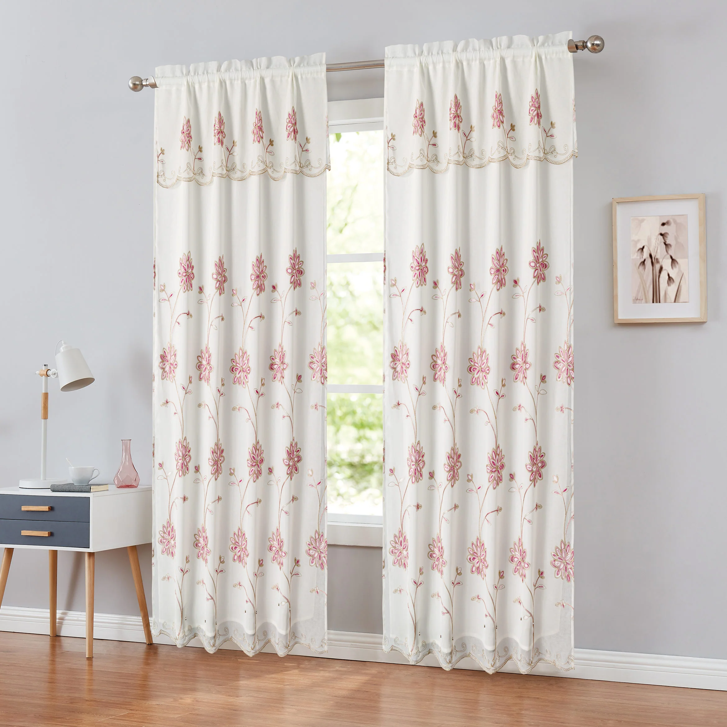 Brynn Embroidered Rod Pocket Panel With Attached Valance and Backing, 54x90 Inches - Image 5