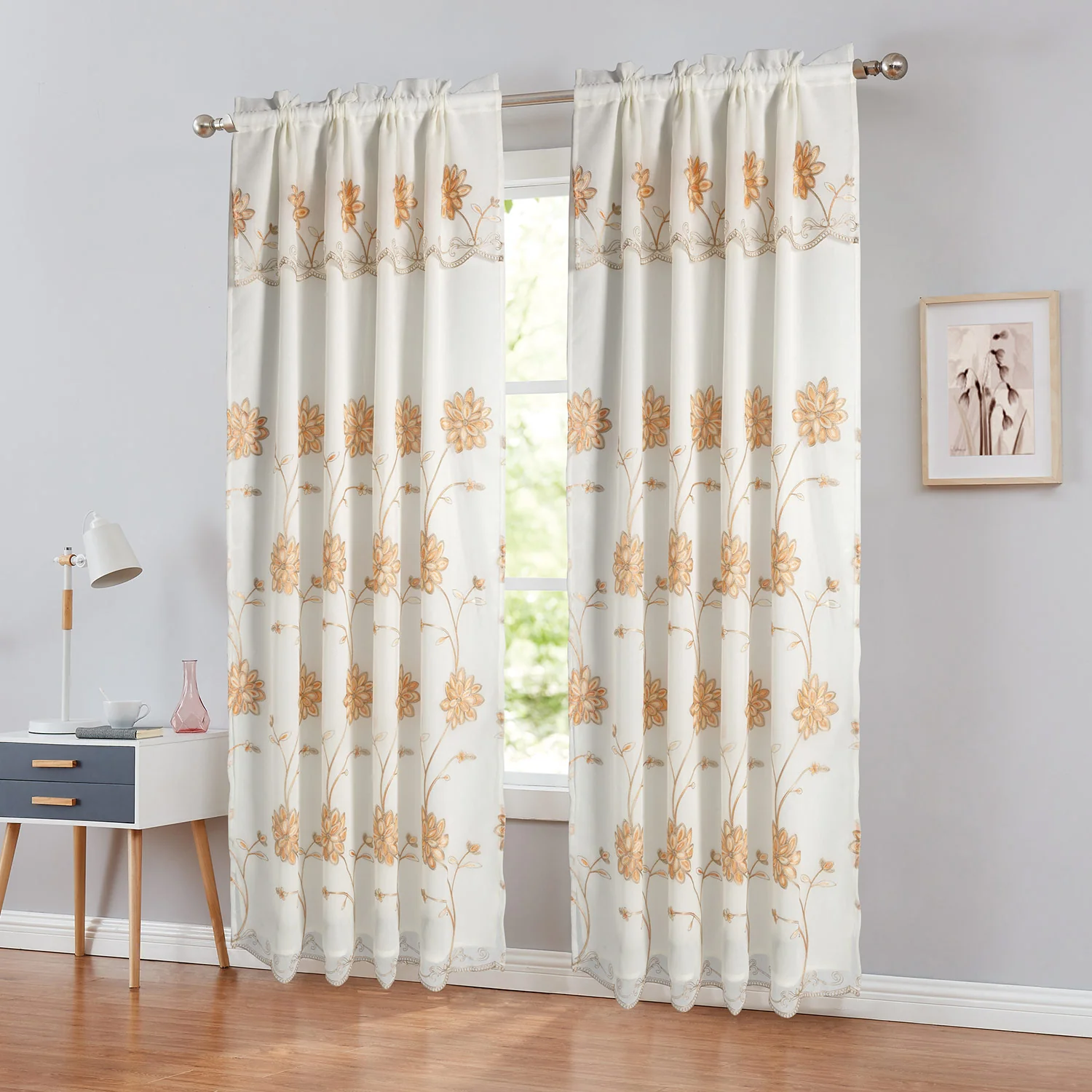 Brynn Embroidered Rod Pocket Panel With Attached Valance and Backing, 54x90 Inches - Image 7