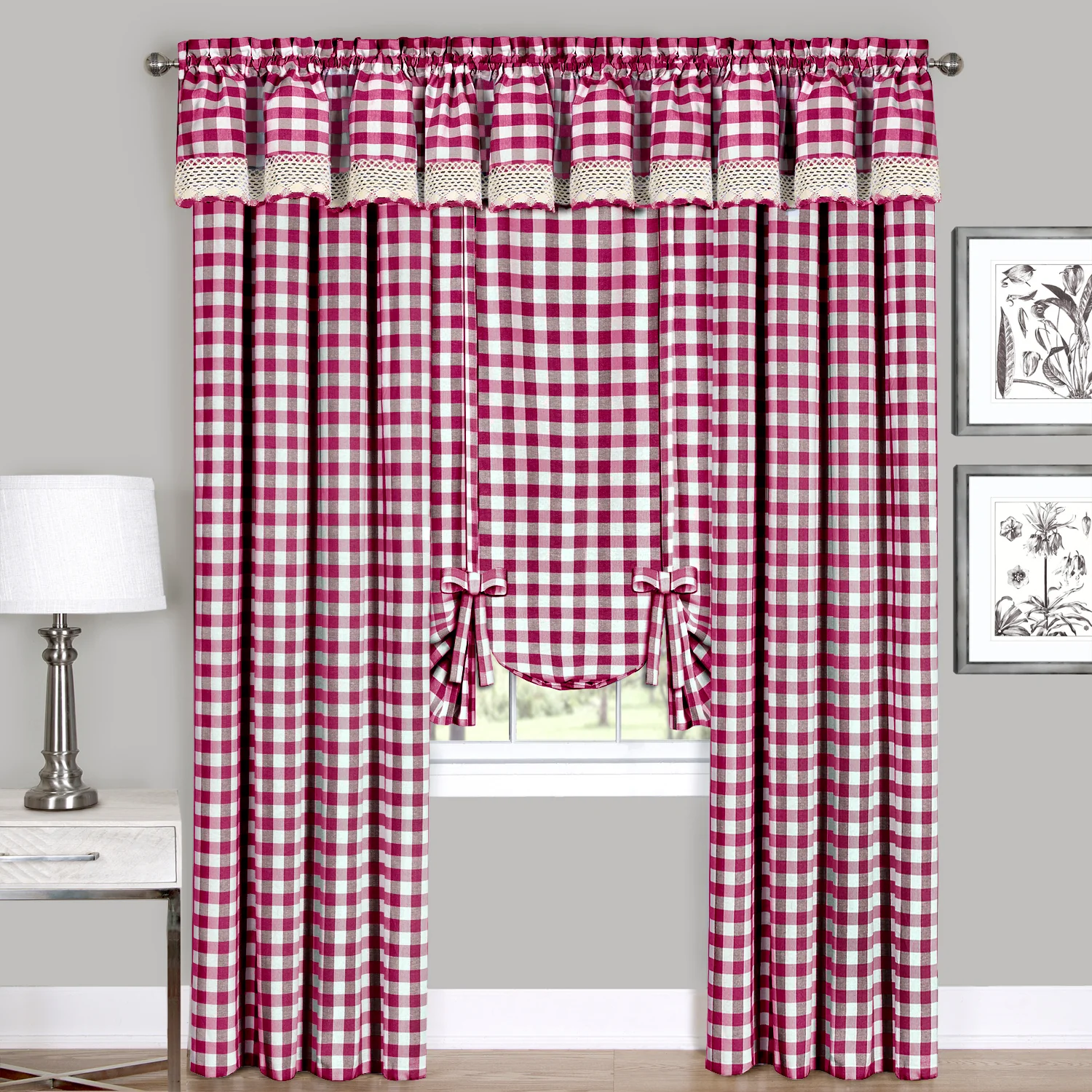 Buffalo Check Window Curtain Tie Up Shade - 42x63 - Burgundy - Image 2