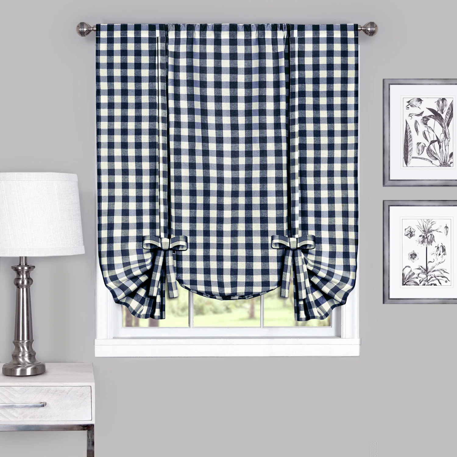 Buffalo Check Window Curtain Tie Up Shade - 42x63 - Navy