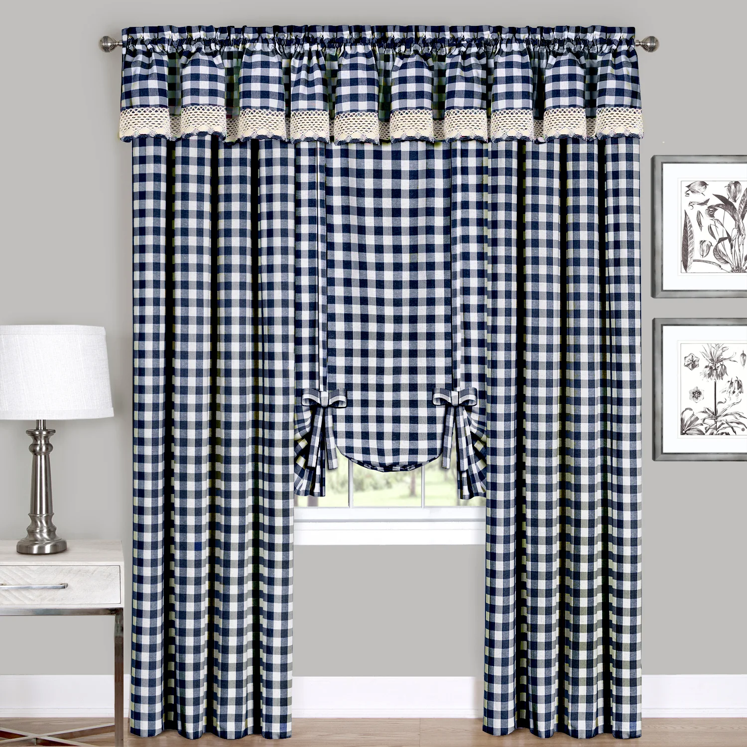 Buffalo Check Window Curtain Tie Up Shade - 42x63 - Navy - Image 2