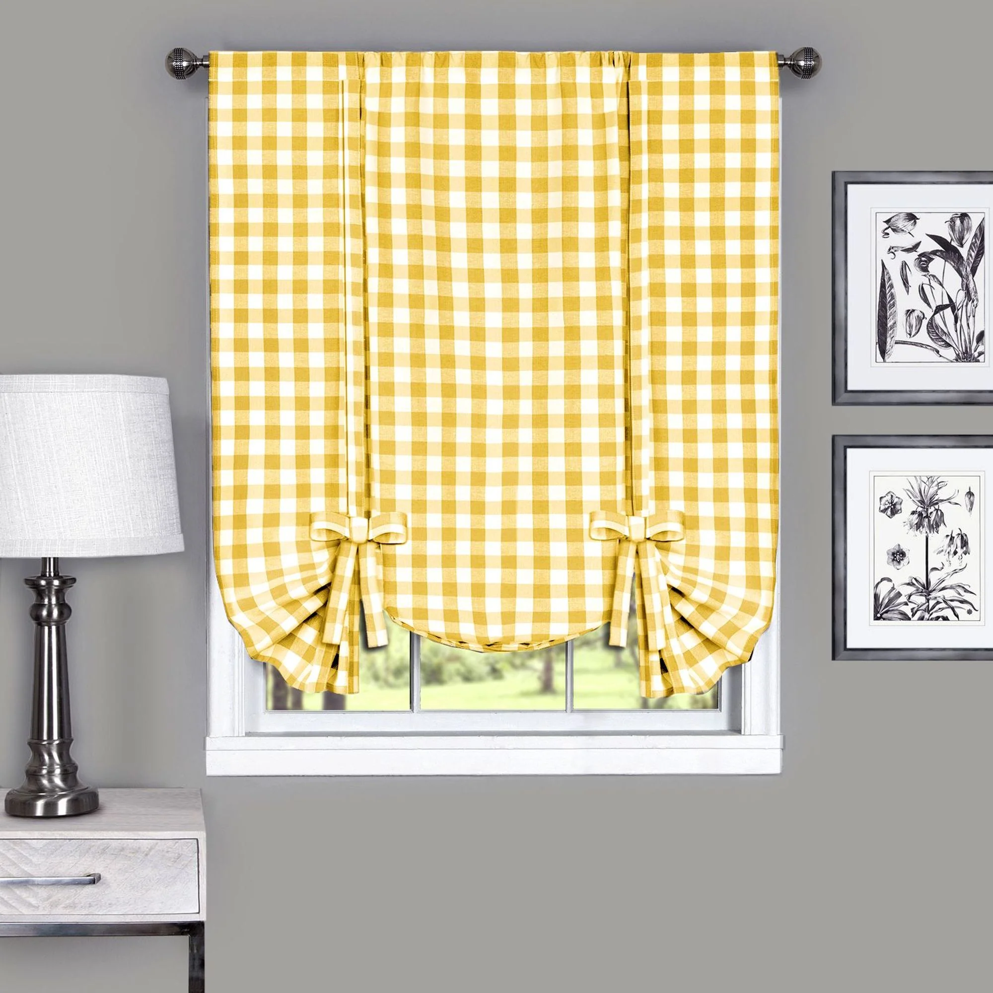 Buffalo Check Window Curtain Tie Up Shade - 42x63 - Yellow