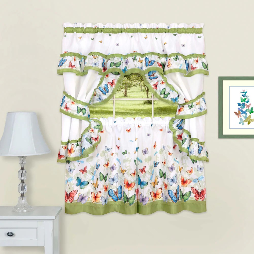 Butterflies 3-Piece Printed Cottage Kitchen Curtain Set, Green, 57x36 Inches - Image 3