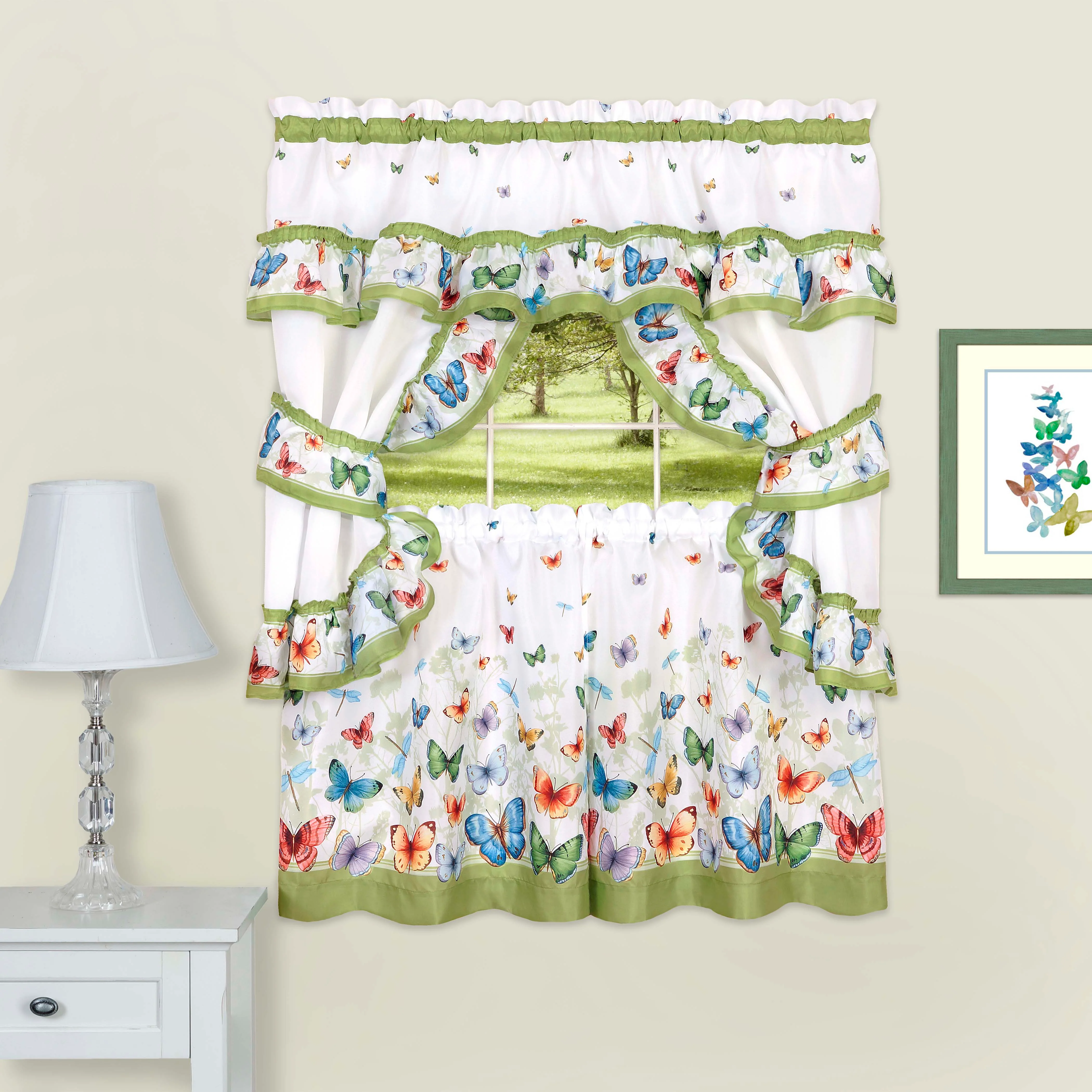 Butterflies Printed Cottage Window Curtain Set, 57x24 Inches, Green