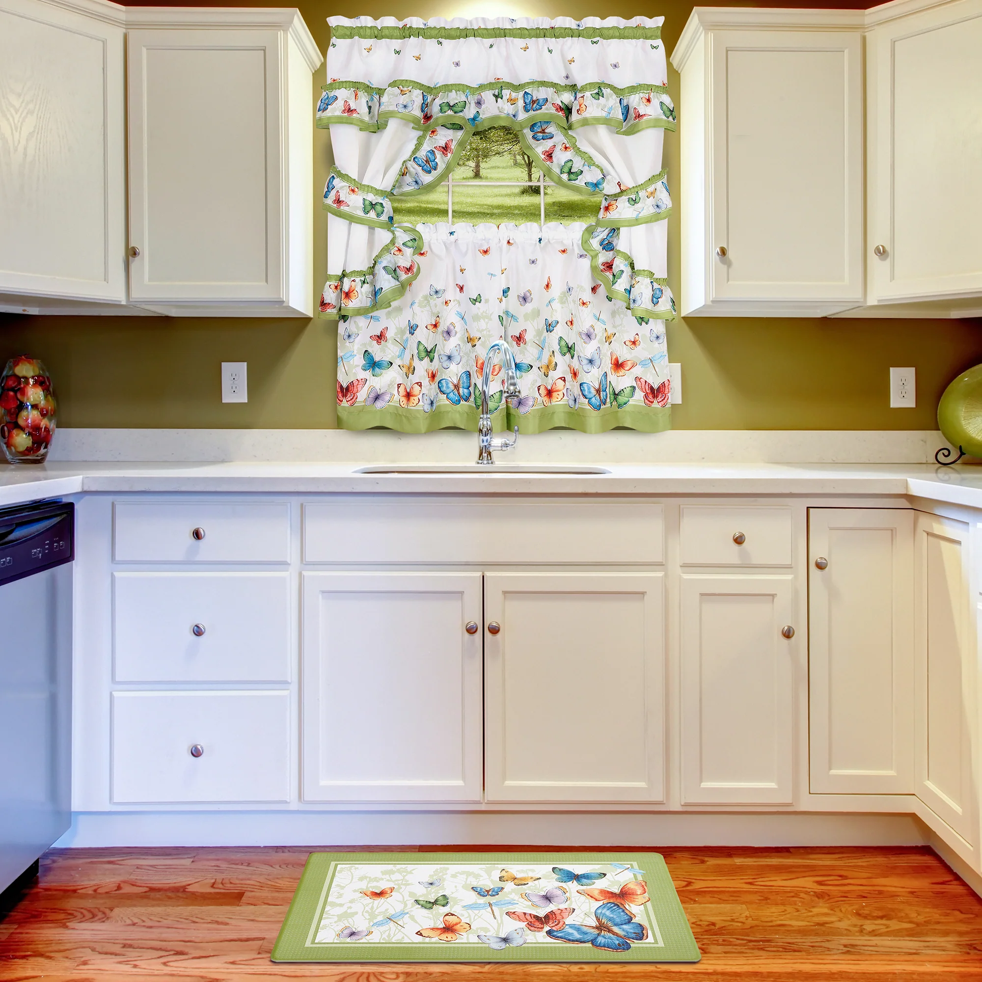 Butterflies Printed Cottage Window Curtain Set, 57x24 Inches, Green - Image 2