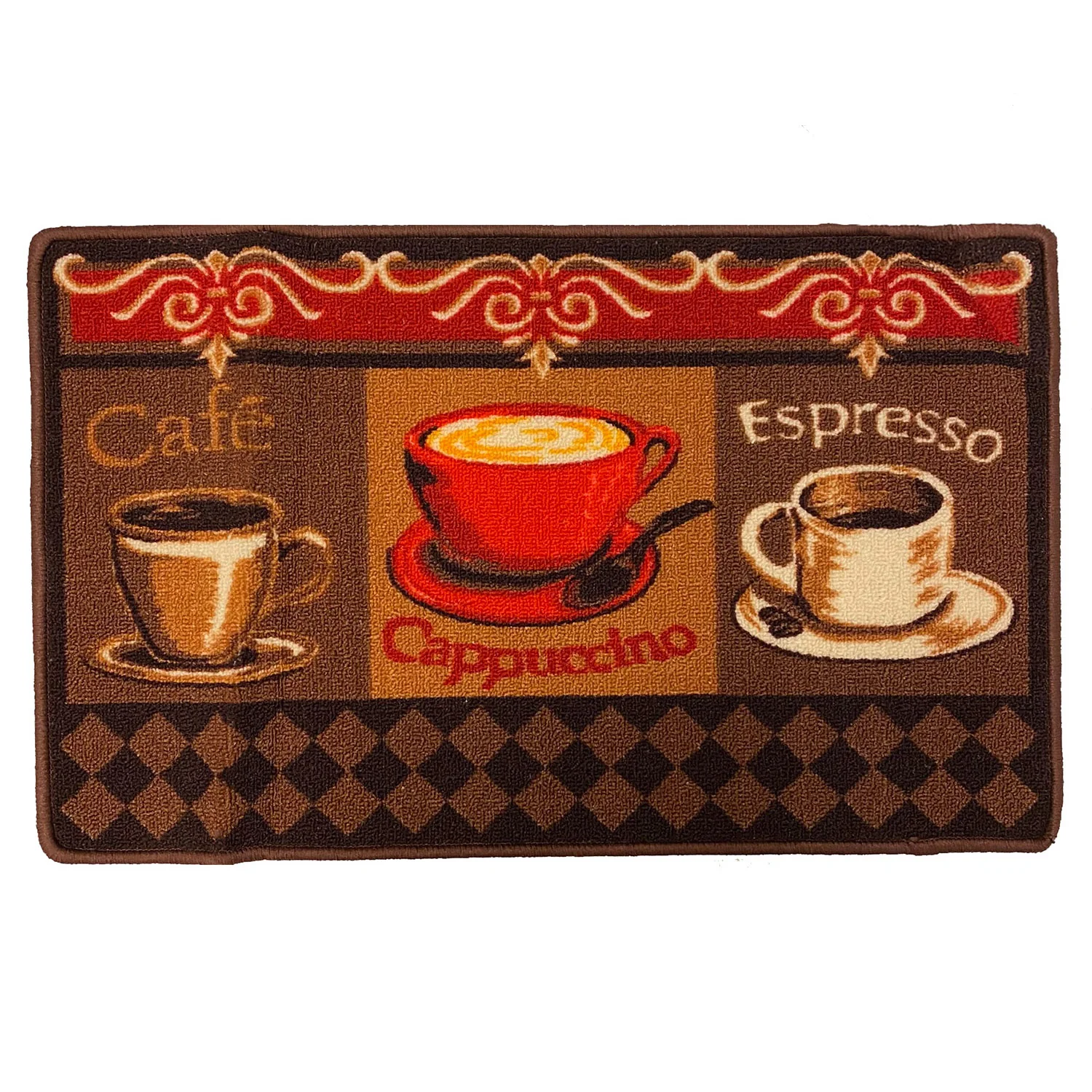 Cappuccino Printed Skid Resistant Decorative Kitchen Rug, Brown, 18x30 Inches