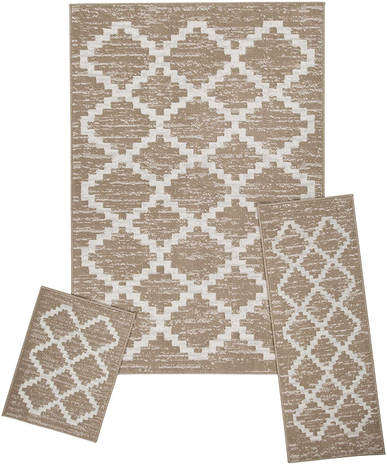 Capri Landon 3-Piece Diamond Weave Rug Set, White-Tan, 5x7 Feet