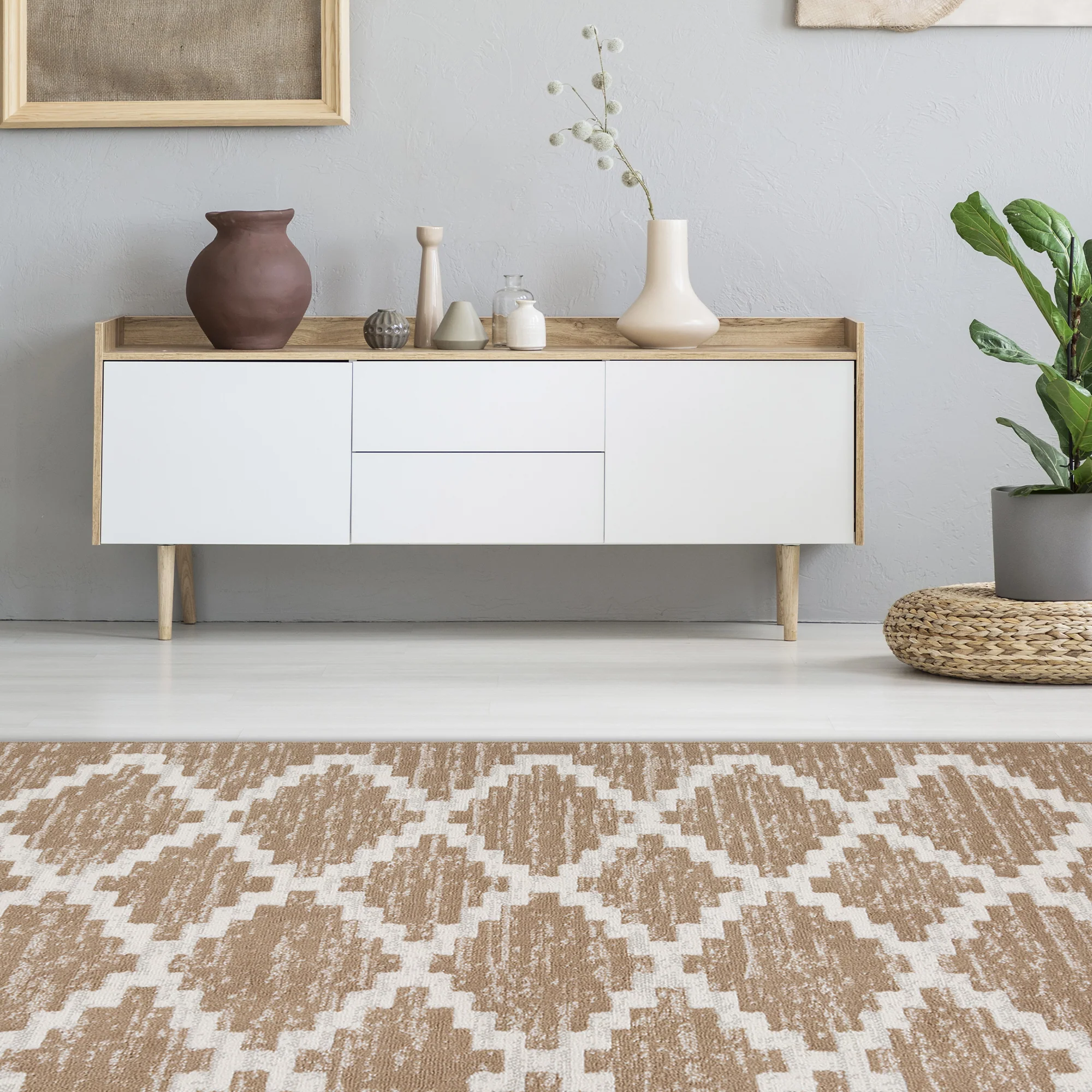 Capri Landon 3-Piece Diamond Weave Rug Set, White-Tan, 5x7 Feet - Image 3