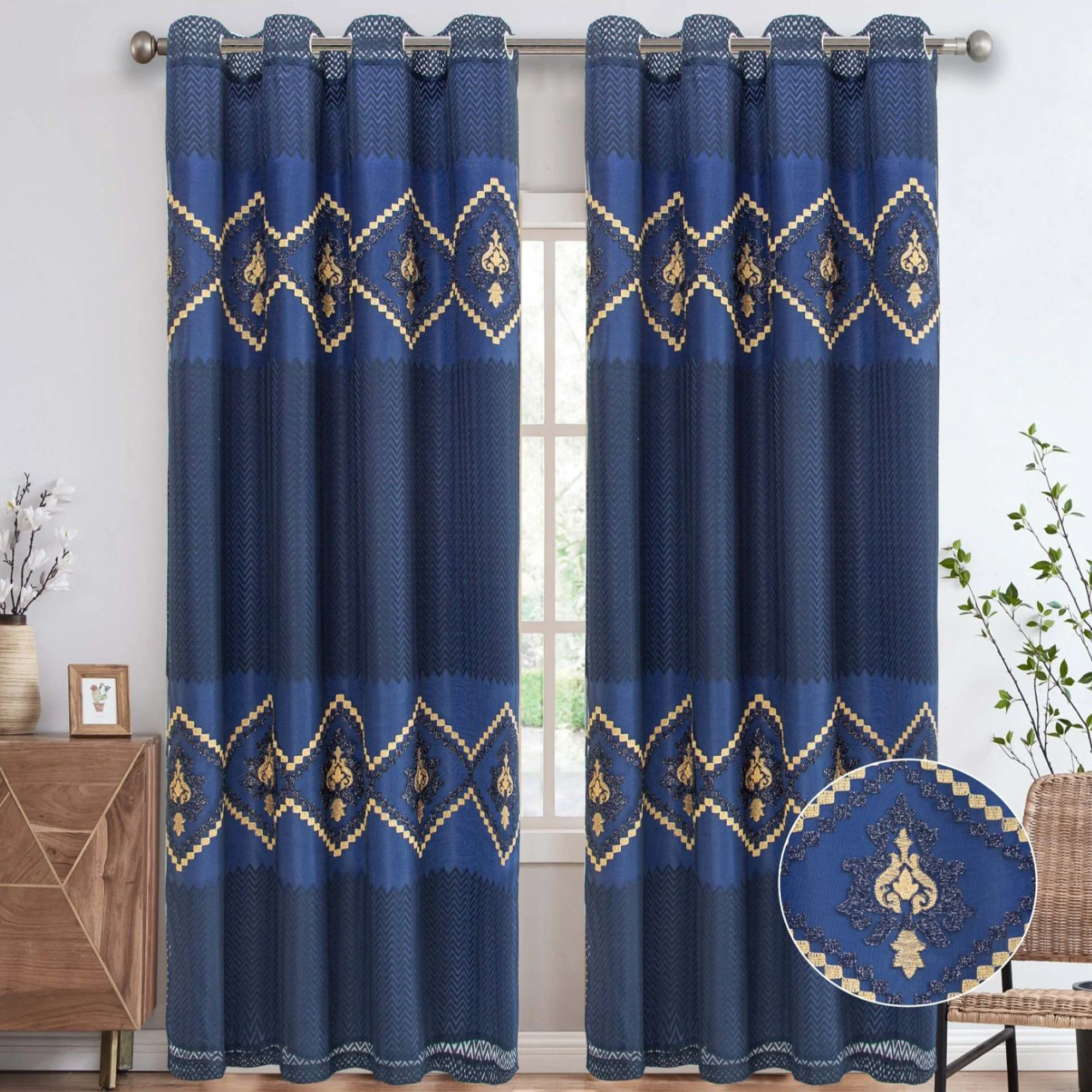 Carmen Damask Embroidered Chevron Design Grommet Window Curtain Panel, 54x84 Inches - Image 3