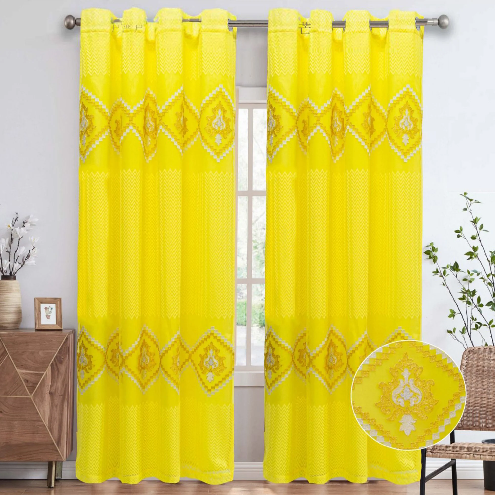 Carmen Damask Embroidered Chevron Design Grommet Window Curtain Panel, 54x84 Inches - Image 4
