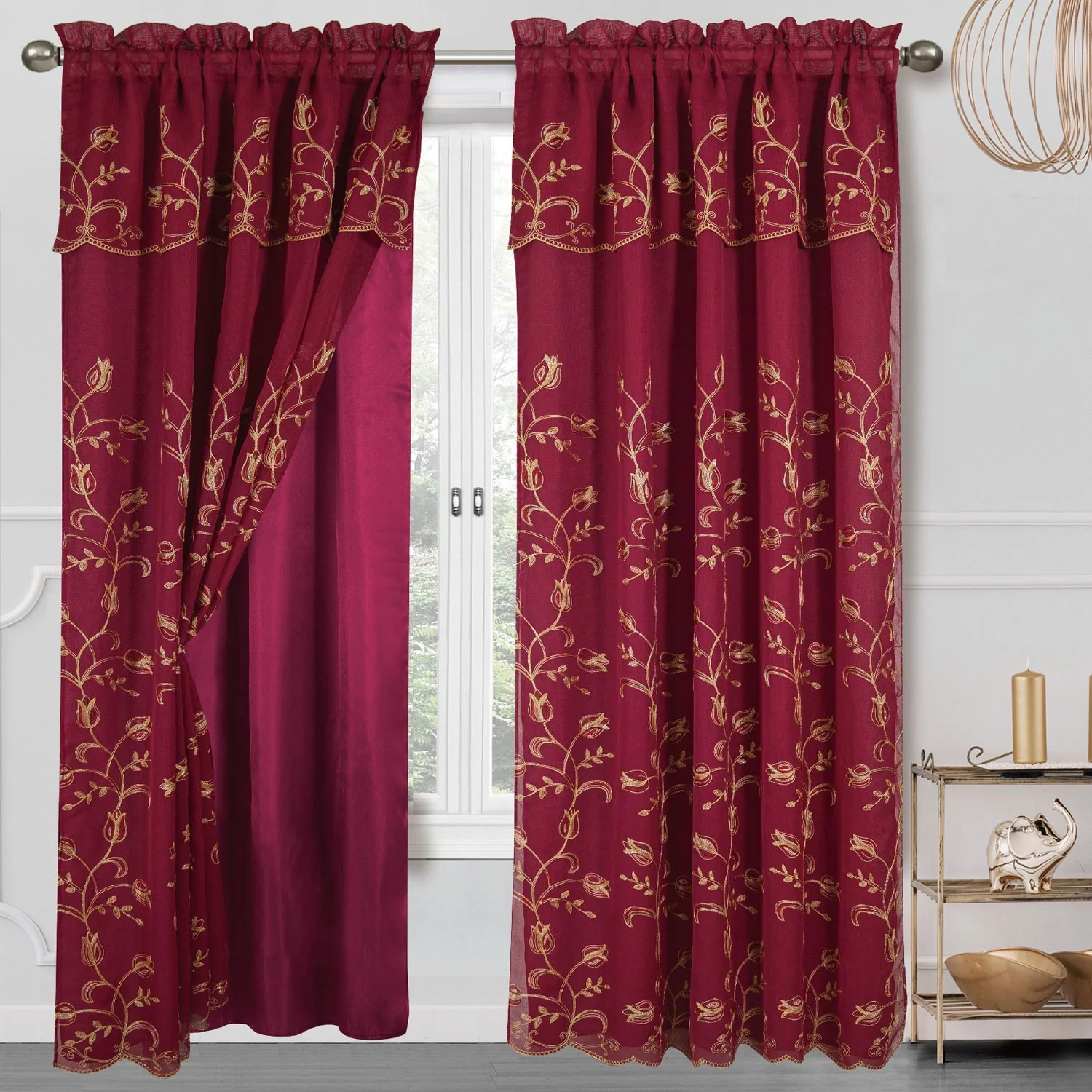 Cecilia Floral Embroidery Window Panel With Valance and Backing, 54x84 Inches - Image 2