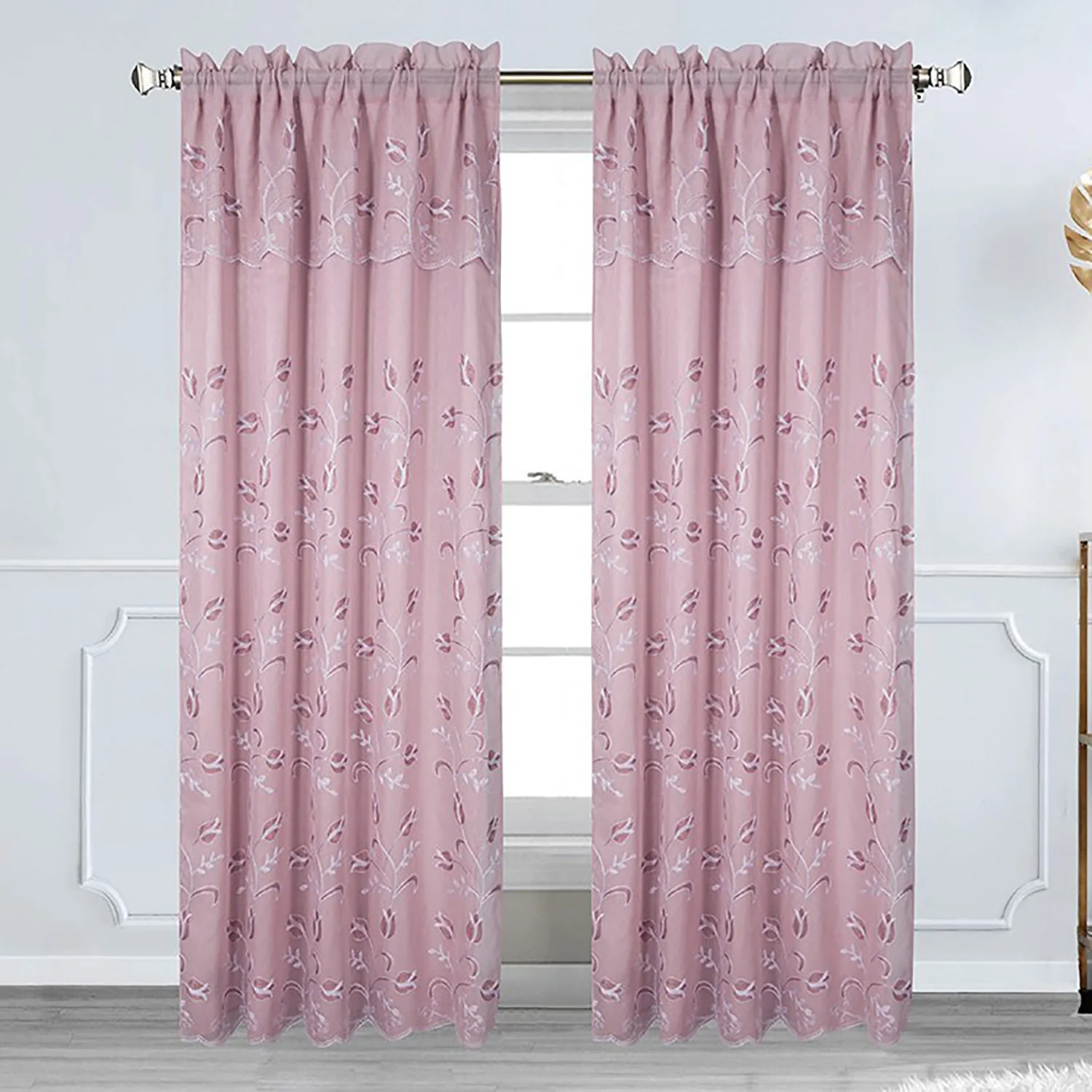 Cecilia Floral Embroidery Window Panel With Valance and Backing, 54x84 Inches - Image 3