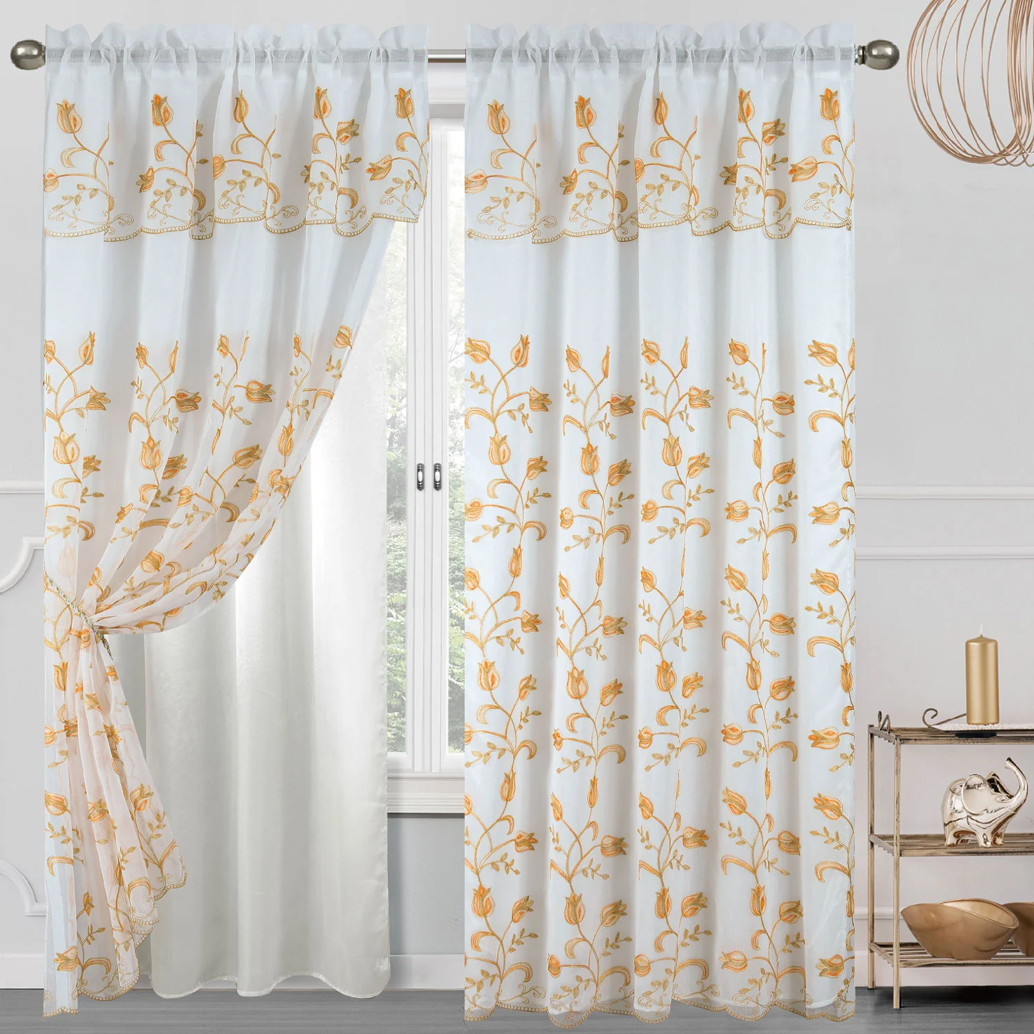 Cecilia Floral Embroidery Window Panel With Valance and Backing, 54x84 Inches - Image 4
