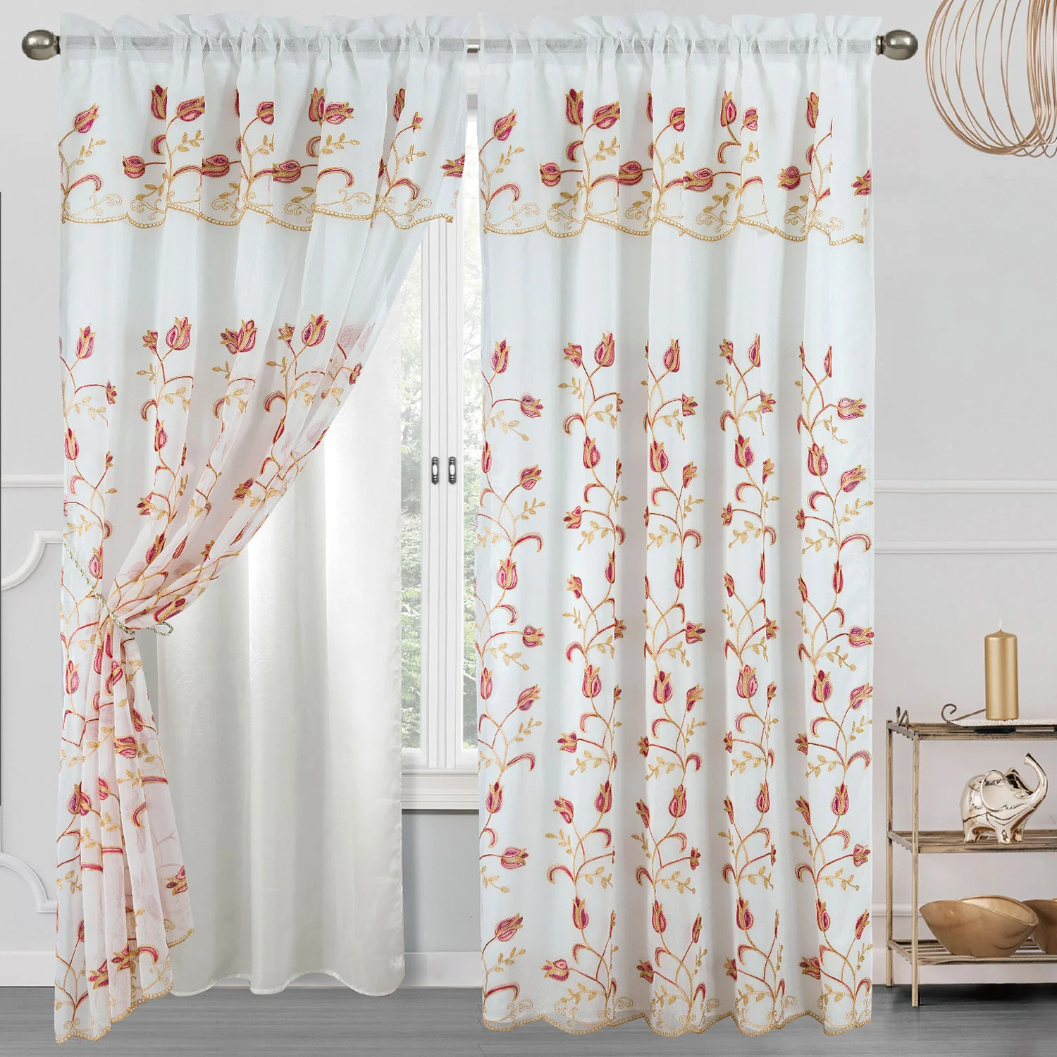 Cecilia Floral Embroidery Window Panel With Valance and Backing, 54x84 Inches - Image 8